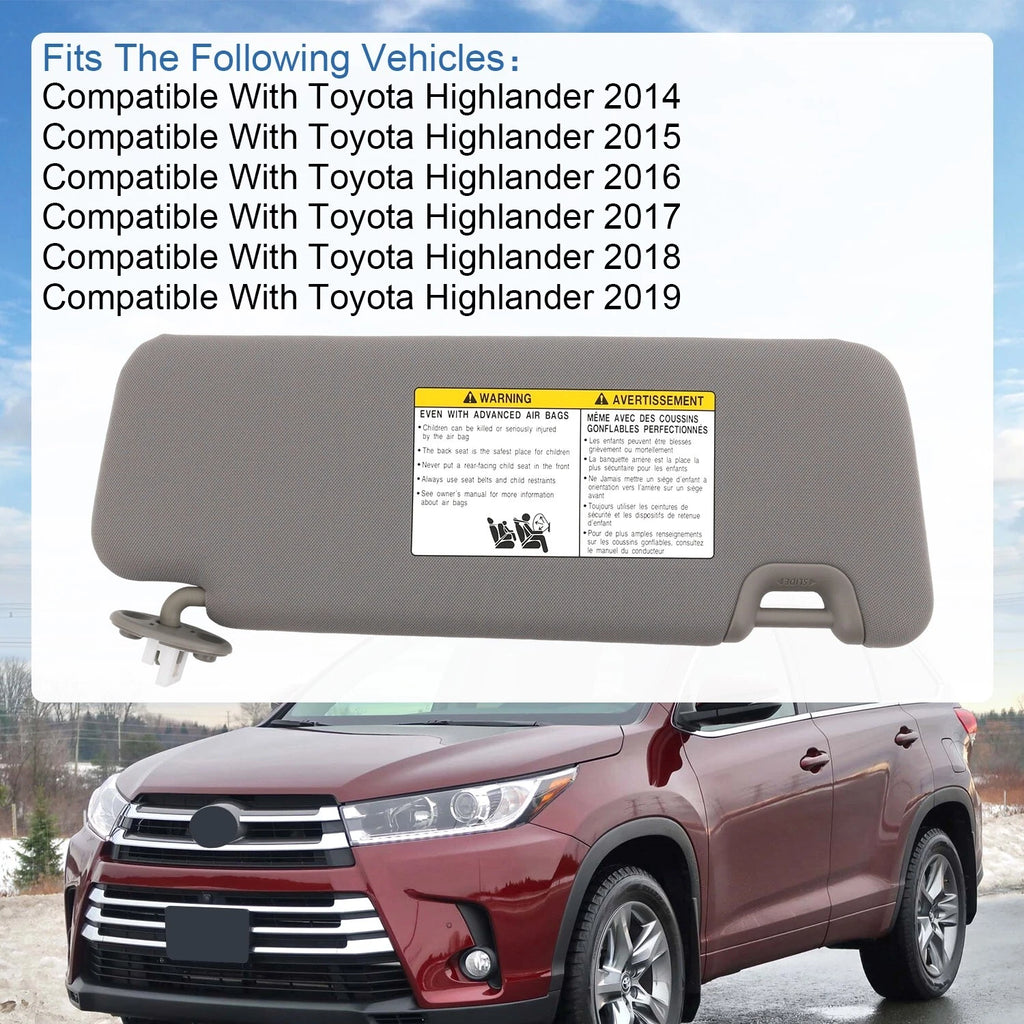 Left Driver Side Sun Visor for Toyota Highlander (2014-2019) Gray