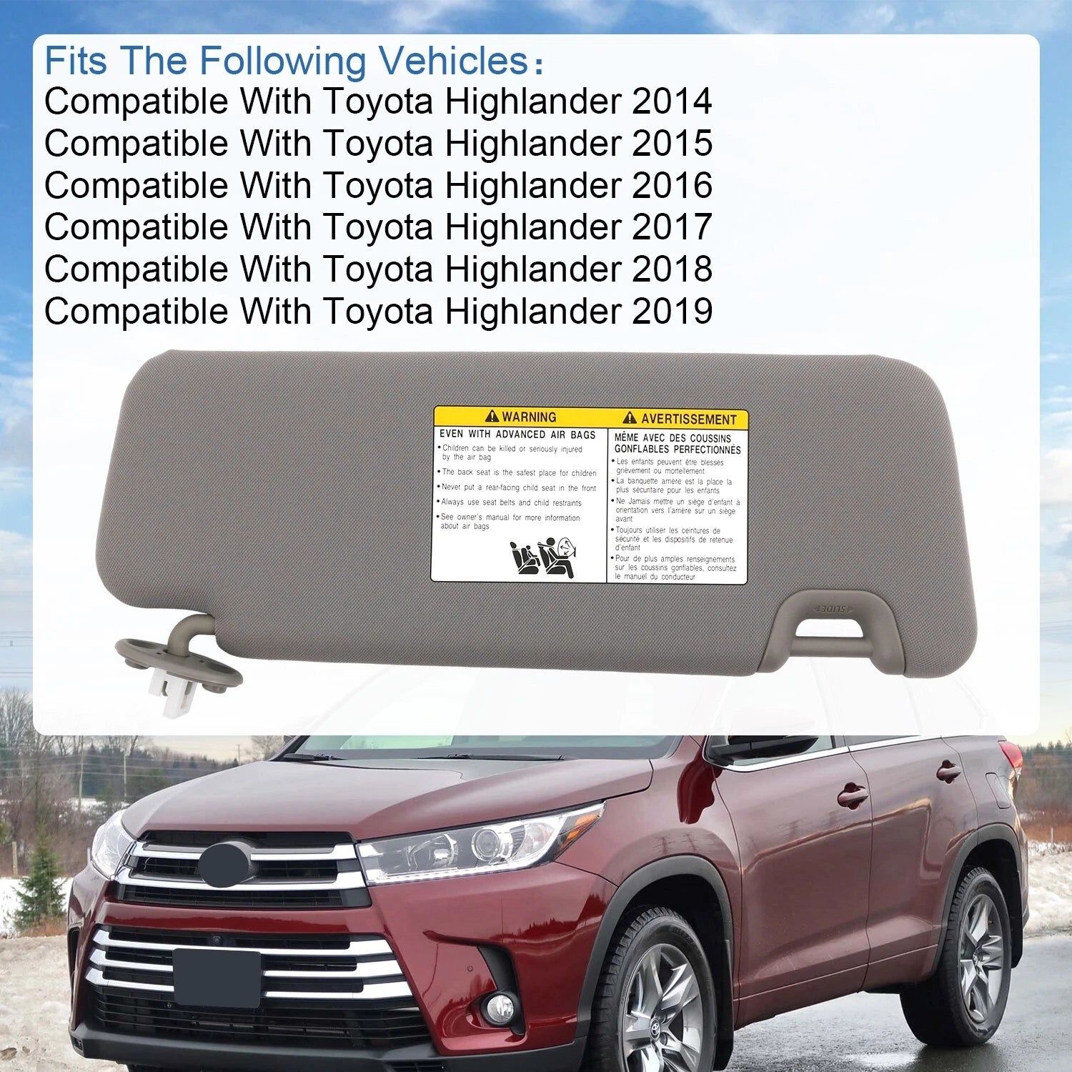 Left Driver Side Sun Visor for Toyota Highlander (2014-2019) Gray