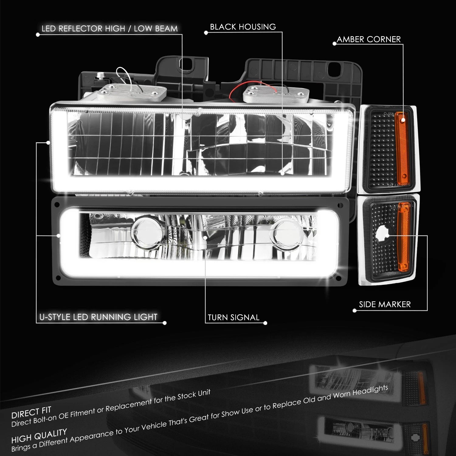 U-LED Headlight & Signal + Amber Corner Lamp for Chevy C/K 1500-3500 (1988–1993)
