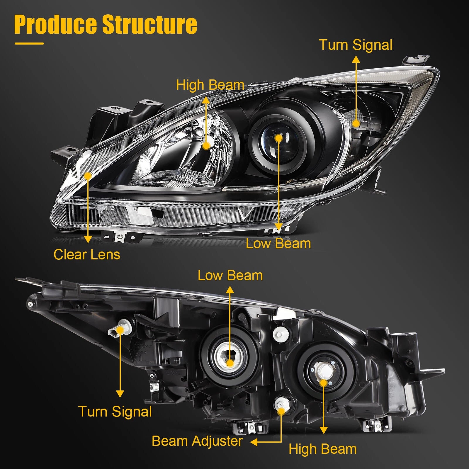 Headlight Assembly Pair for Mazda 3 (2010–2013) Black Housing