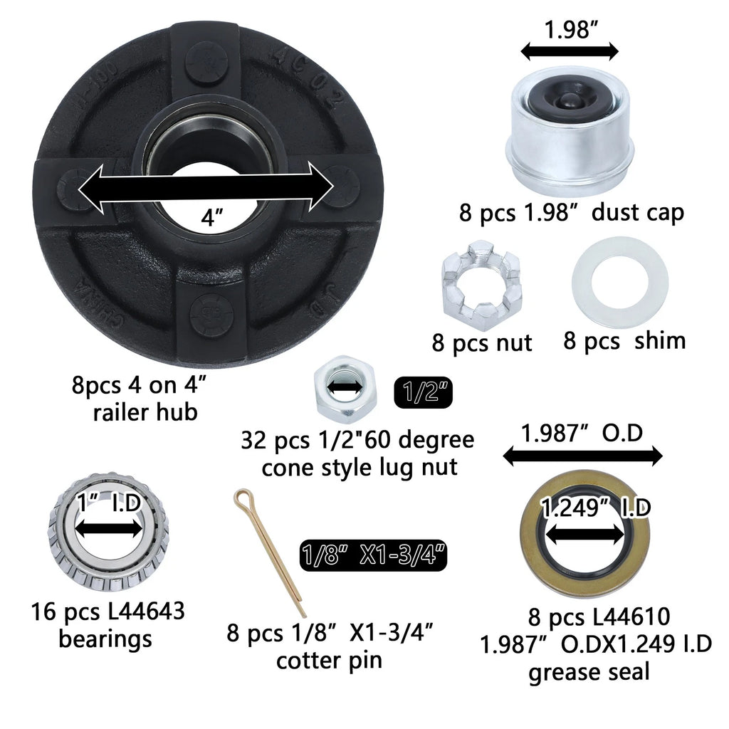 Set of 8 Trailer Axle Kits for 4 on 4" Bolt Idler Hub (RHD)