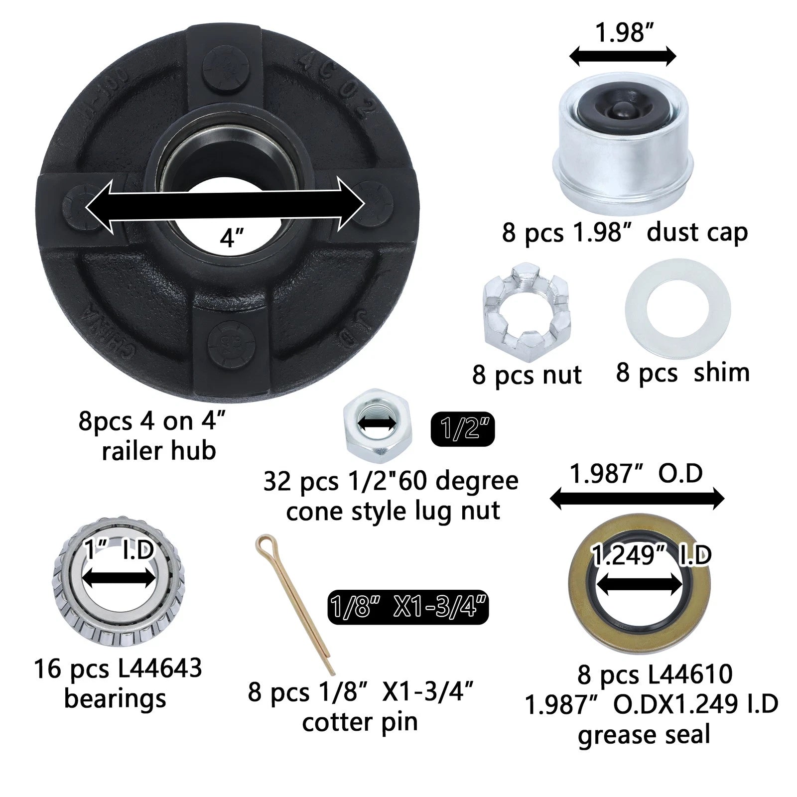 Set of 8 Trailer Axle Kits for 4 on 4" Bolt Idler Hub (RHD)