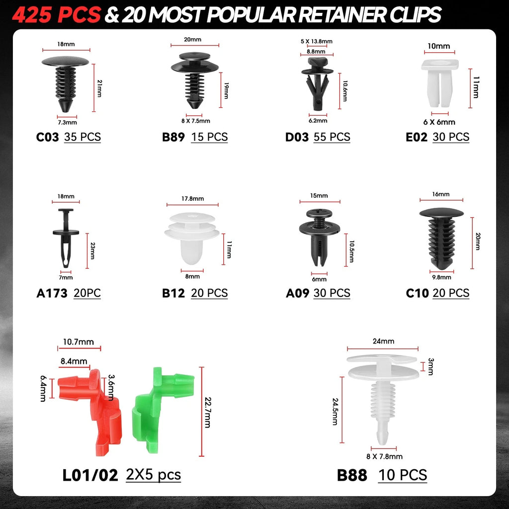 Nylon 425 Retainer Clips Set with Fastener Removal Tools for 6-10mm Holes
