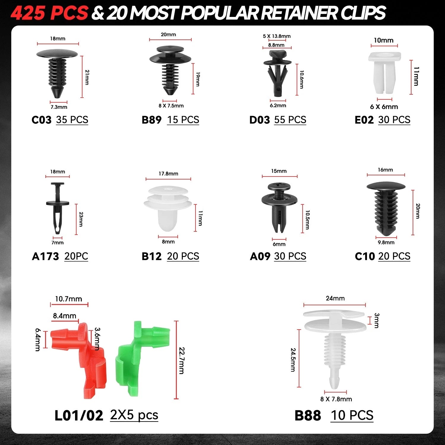 Nylon 425 Retainer Clips Set with Fastener Removal Tools for 6-10mm Holes