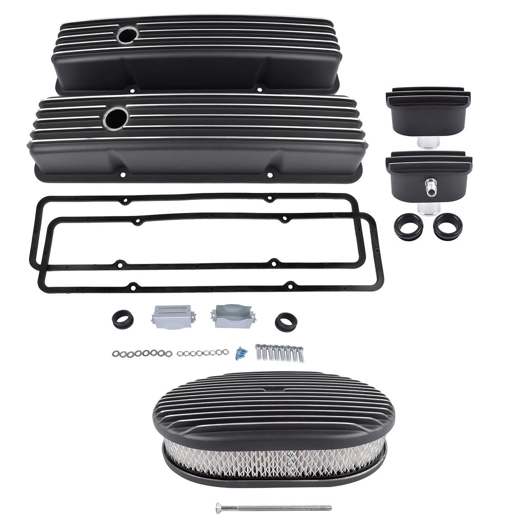 Finned Tall Valve Covers & Oval Air Cleaner Kit for Chevy SBC
