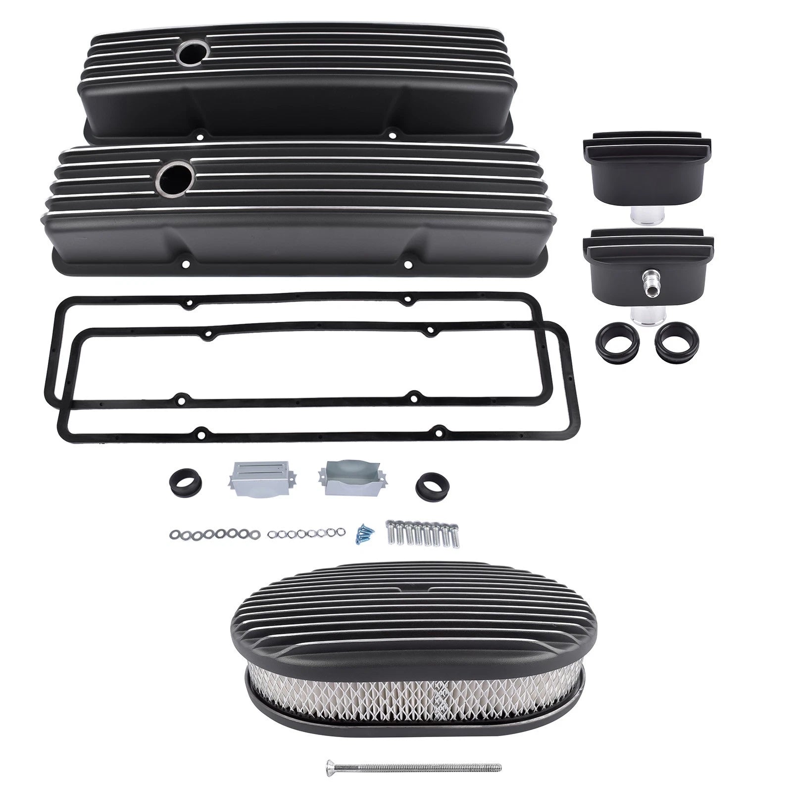 Finned Tall Valve Covers & Oval Air Cleaner Kit for Chevy SBC