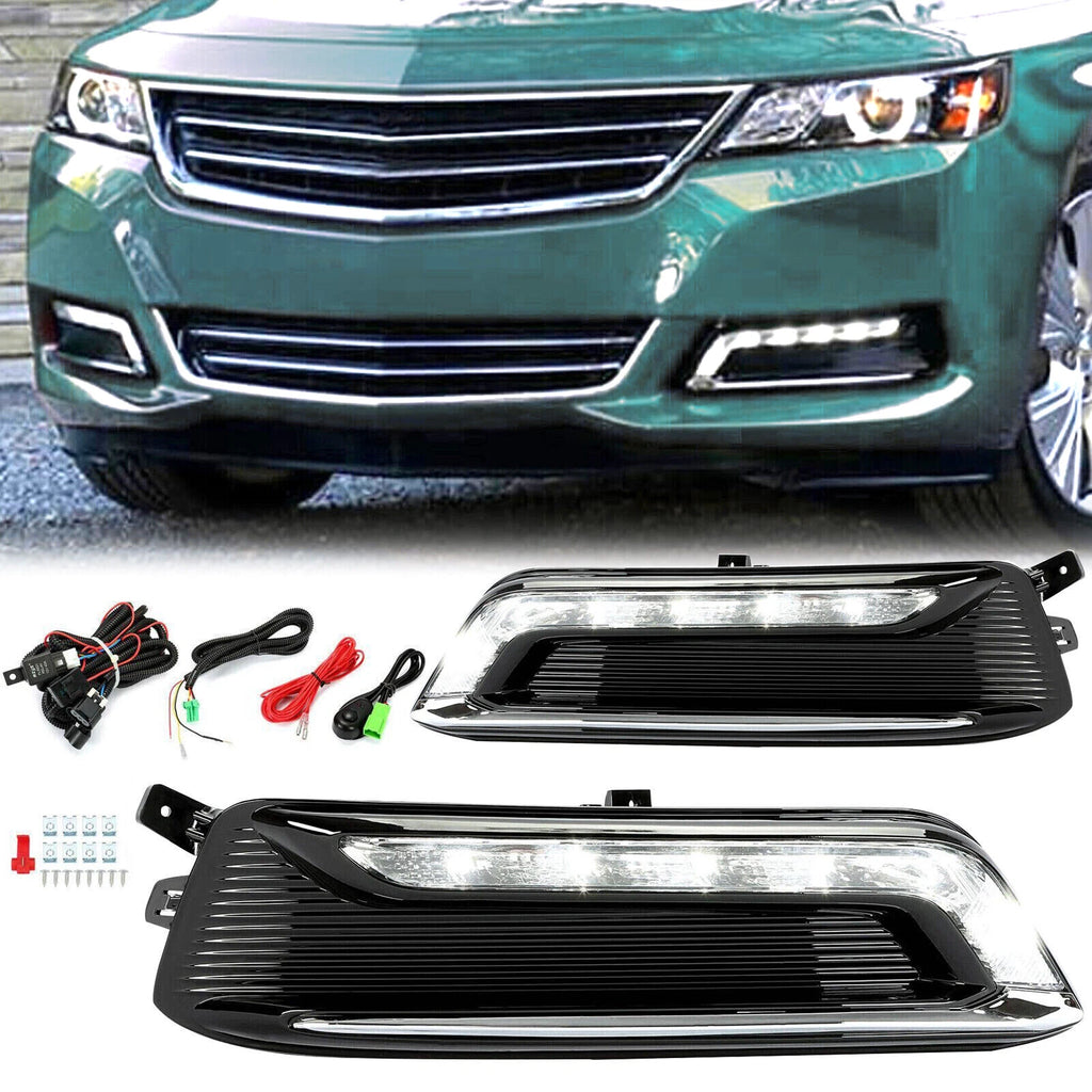 Clear Lens LED DRL Fog Light Pair + Wiring + Switch Kit for Chevy Impala (2014–2020)