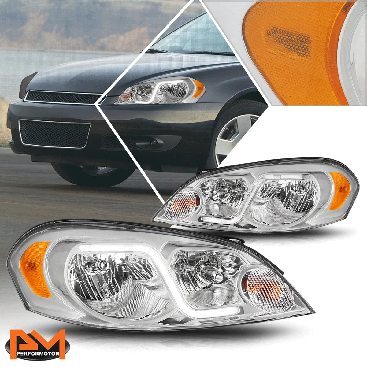 Headlight with LED DRL Chrome Housing for Chevy Impala (2006–2016)