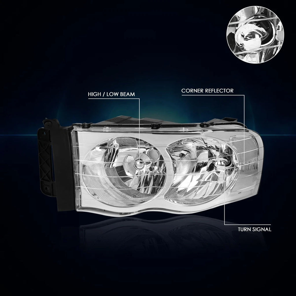Chrome Housing Headlight Clear Corner Signal Lamps for Dodge Ram 1500-3500 (2002–2005)