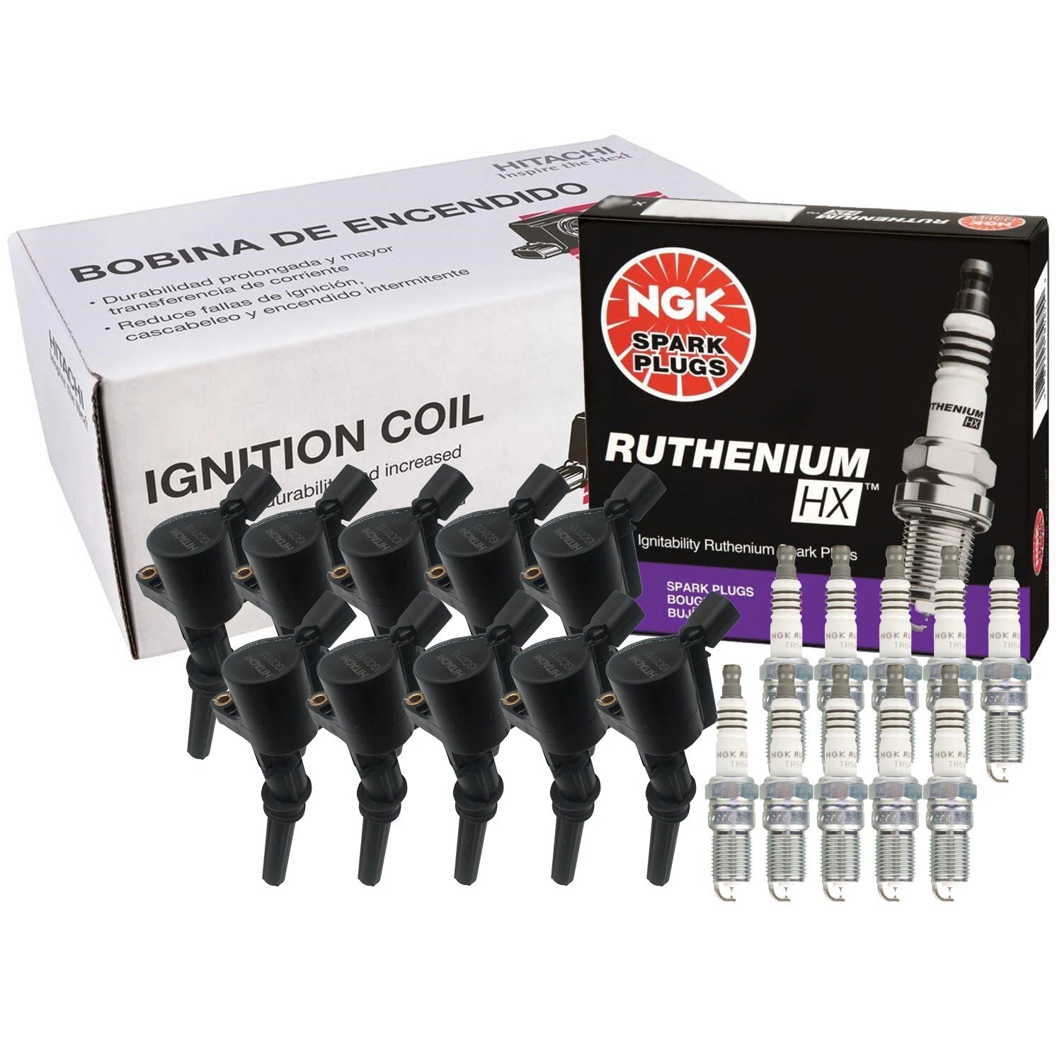 Set of 10 Ignition Coils & NGK Ruthenium HX Spark Plugs for Ford 6.8 VIN S