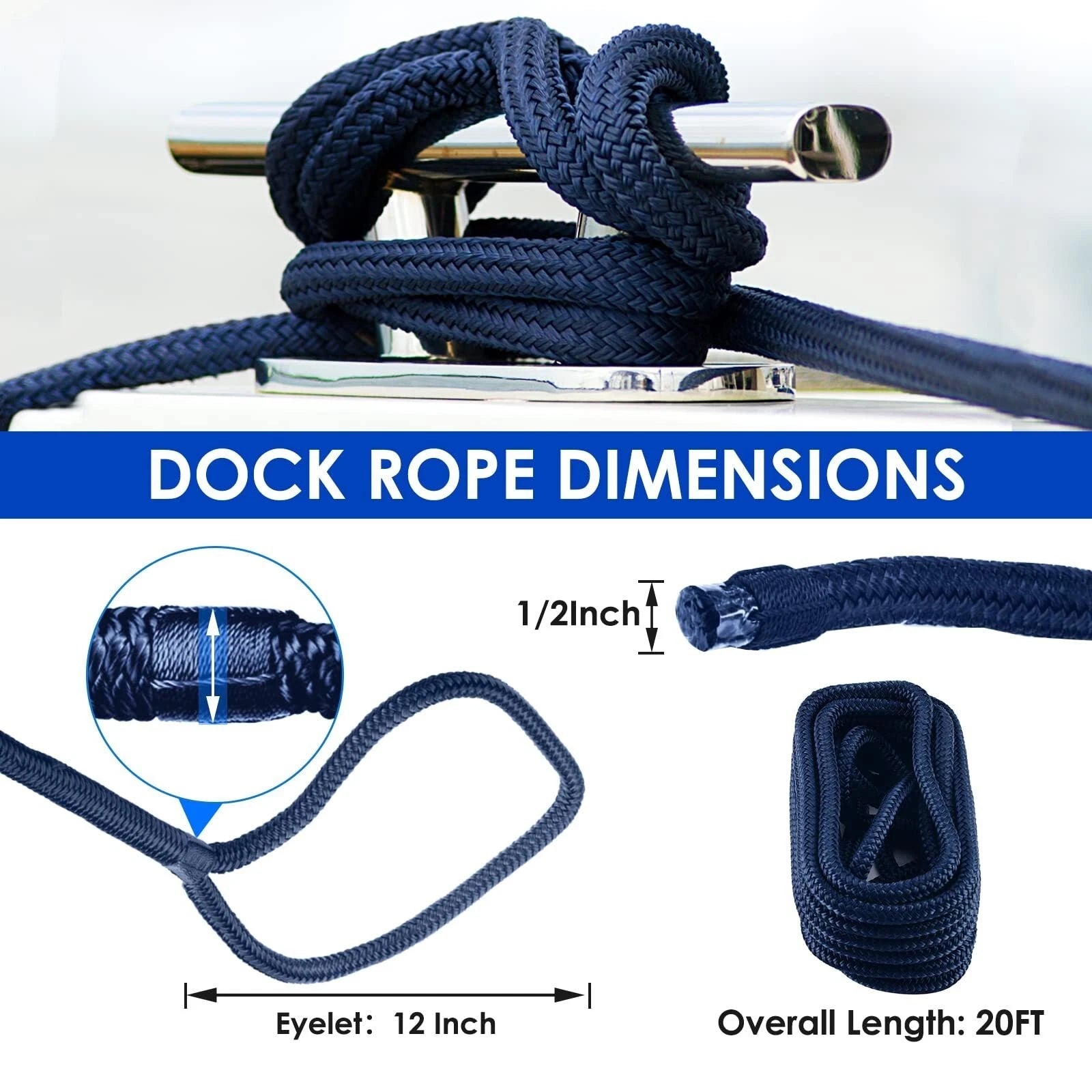 Set of 4 Double Braided Nylon Boat Dock Lines for (20FT)