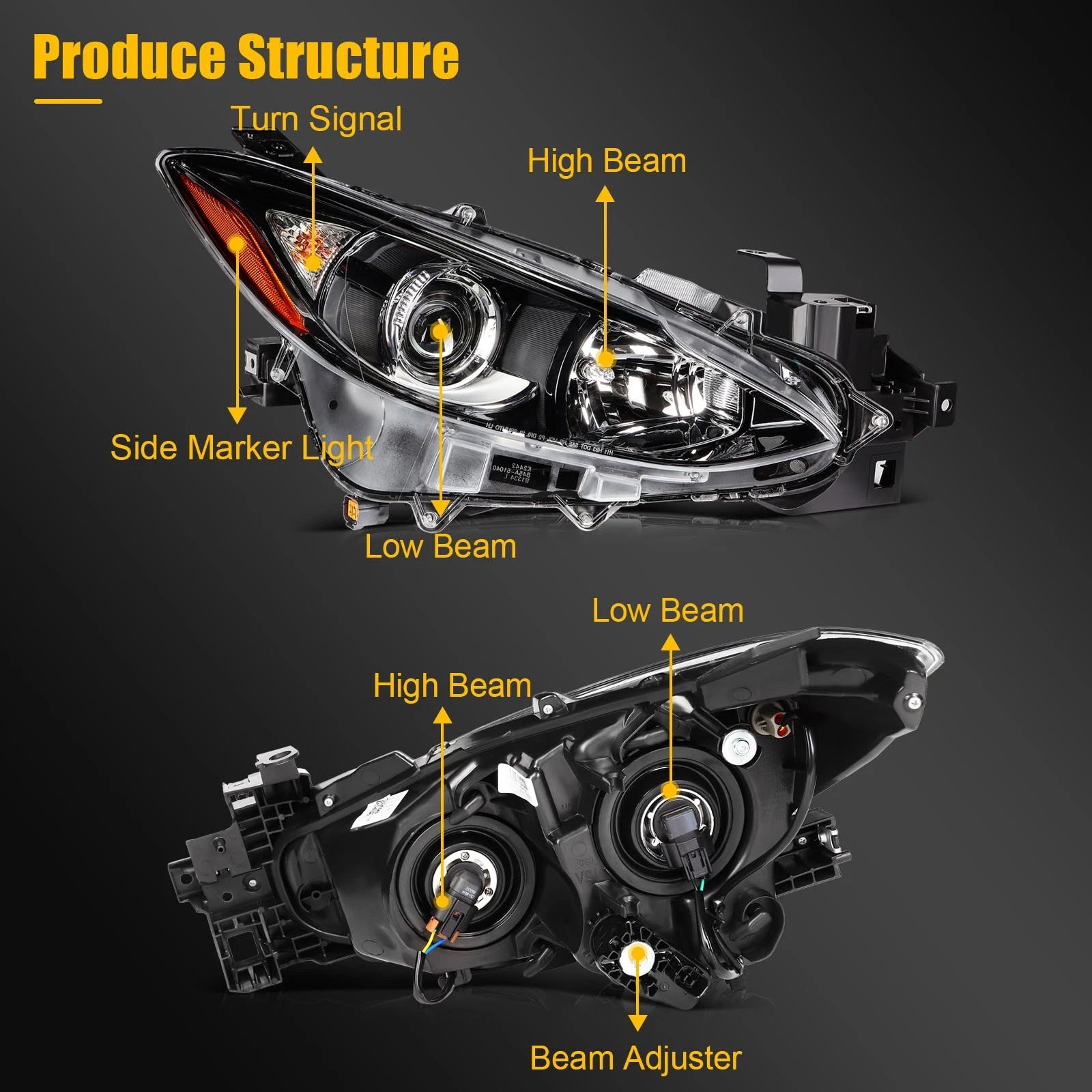 Pair Headlight Assembly for Mazda 3 (2014–2016) with Projector Black Housing