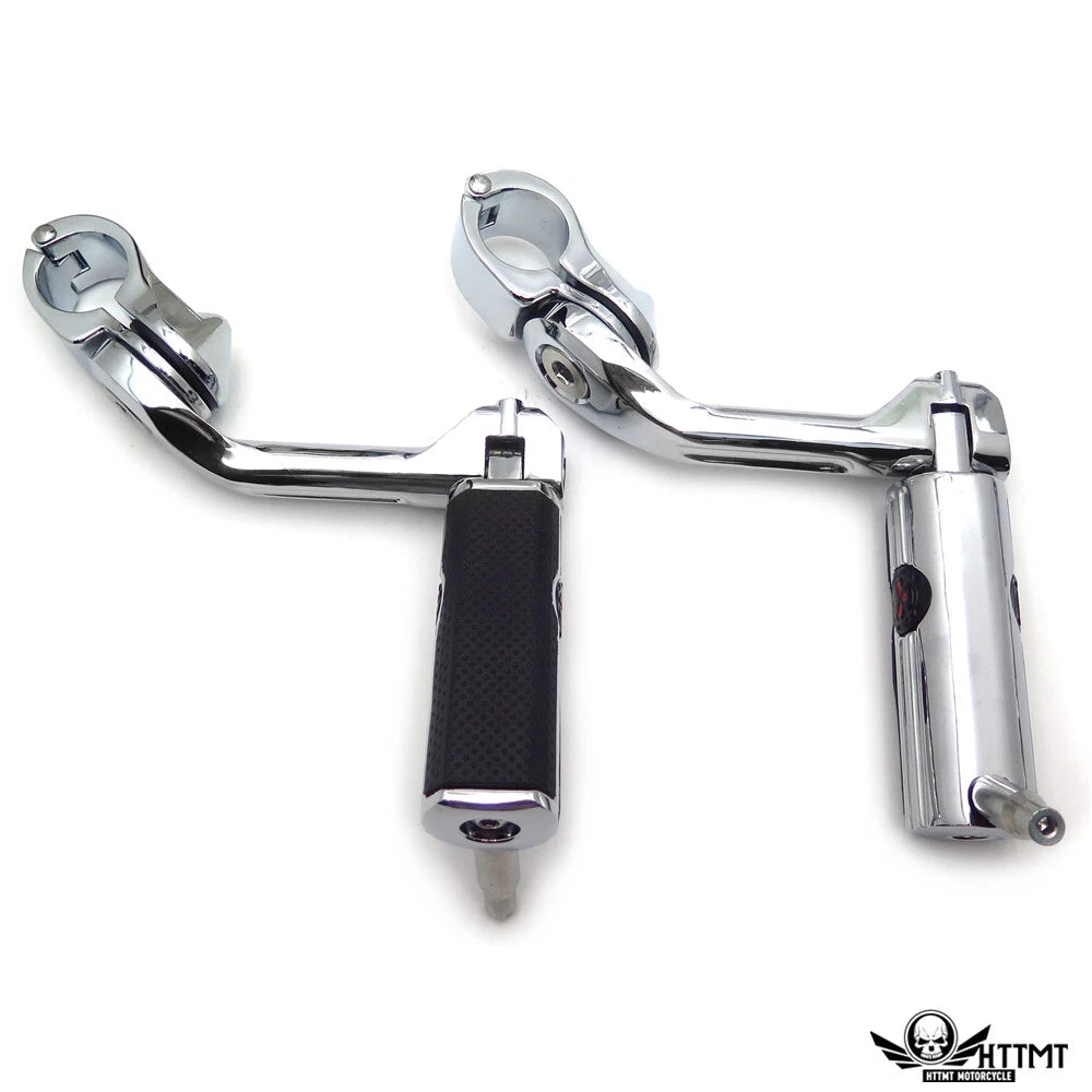 1-1/4" Chrome Clamp Engine Guard with 5" Angled Skull Foot Pegs for Harley
