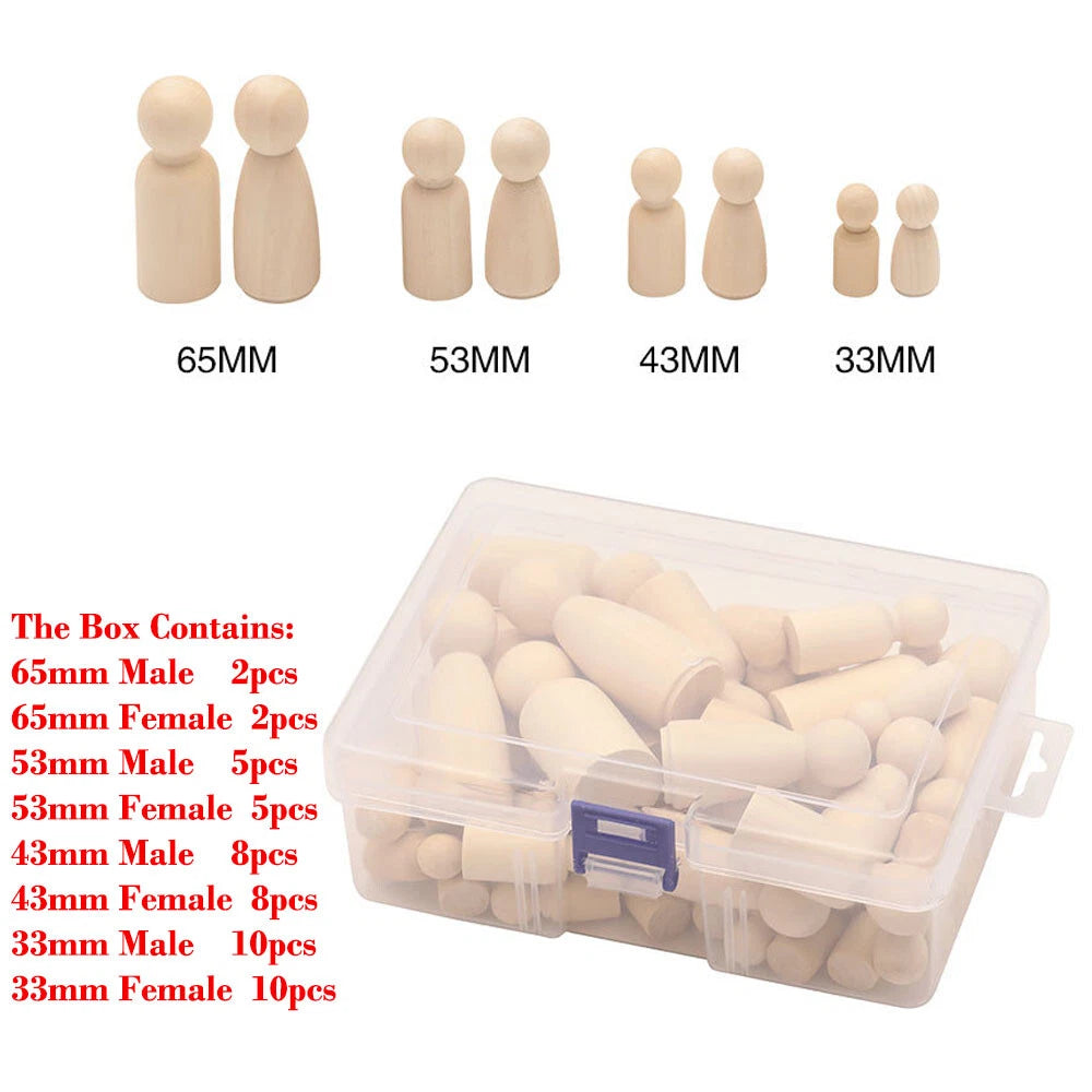 50 Pcs Unpainted Wooden Peg Dolls for Kids DIY Crafts (33-65mm)