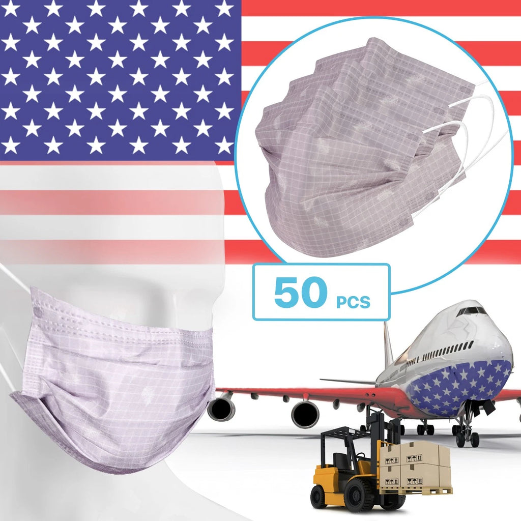 50 PCS - 3-Ply Disposable Face Mask Protective Cover (Lavender Plaid)