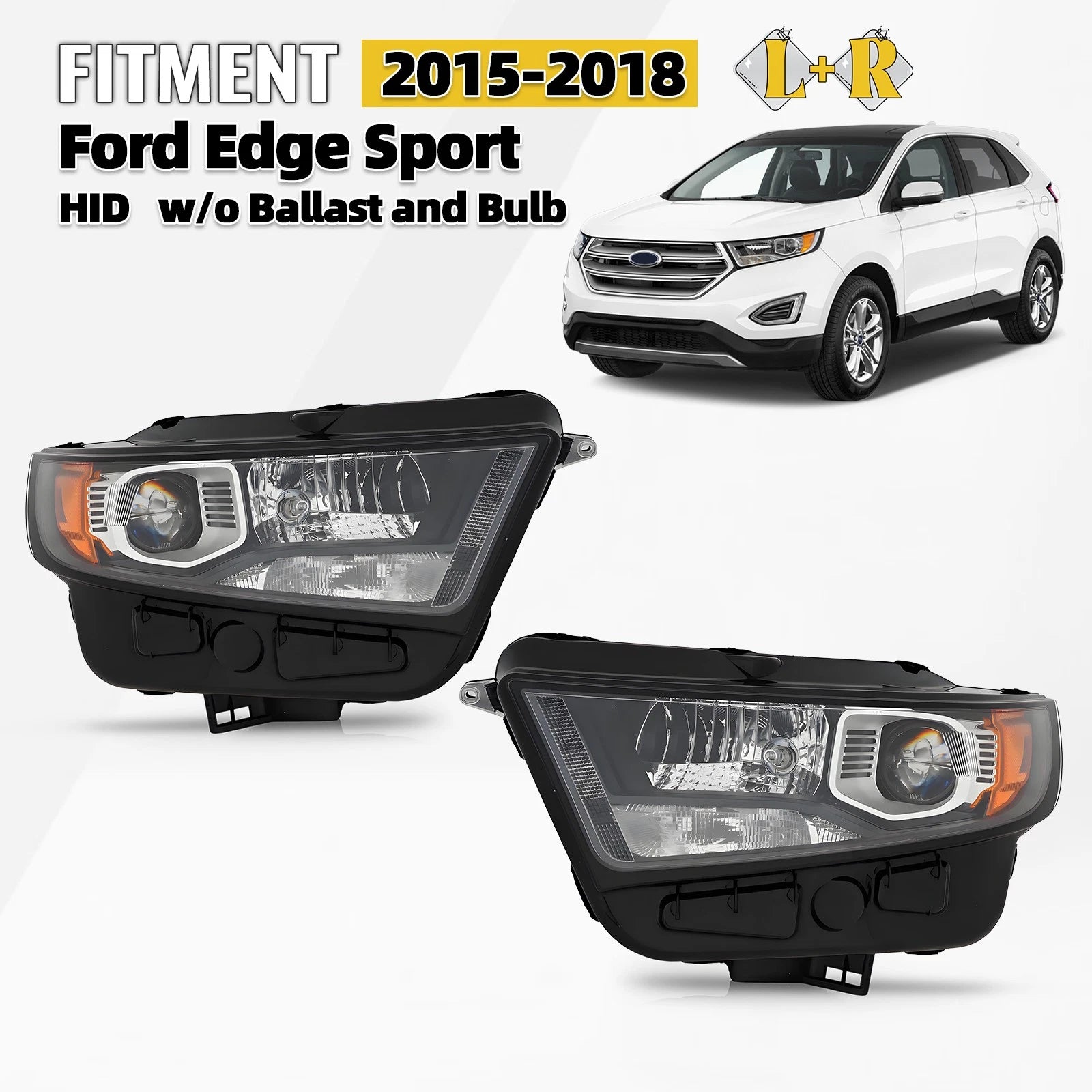 HID Xenon Headlight Pair for Ford Edge (2015–2018) w/o Ballast & Bulb