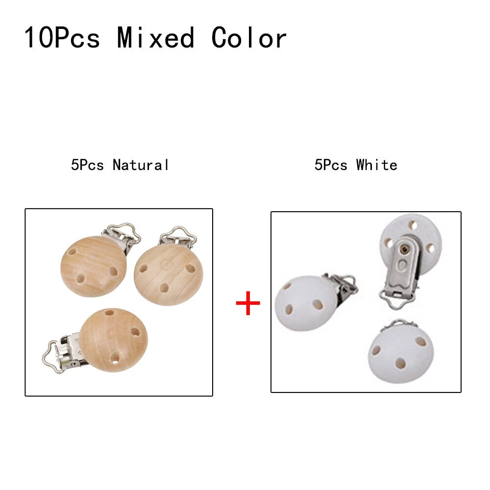 10X Wooden Baby Pacifier Clips Safety Clasps Natural & White