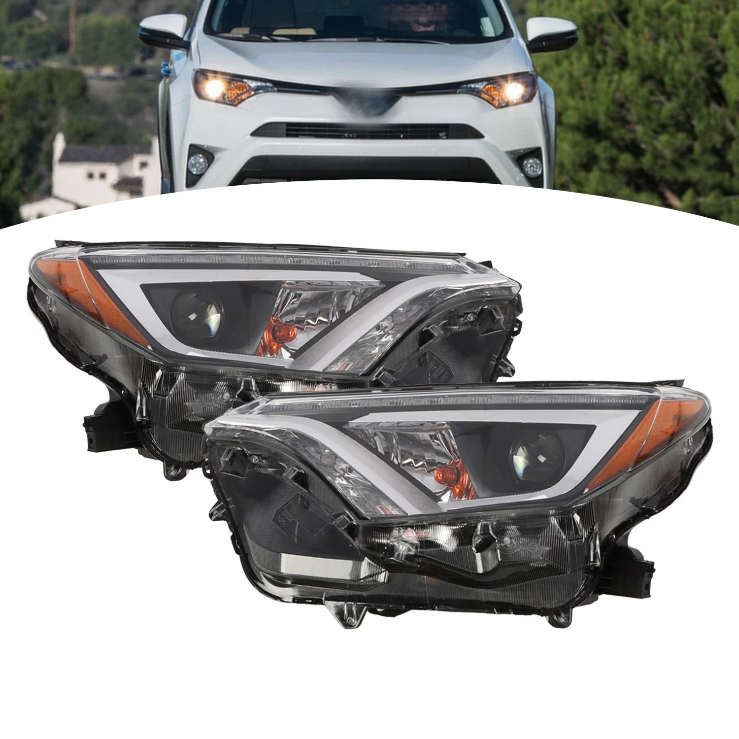 Pair of LED Headlight Headlamps for Toyota RAV4 (2016–2018) Chrome