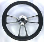 14in Polished Billet 5 Hole Steering Wheel Black Leather Horn Button for Universal