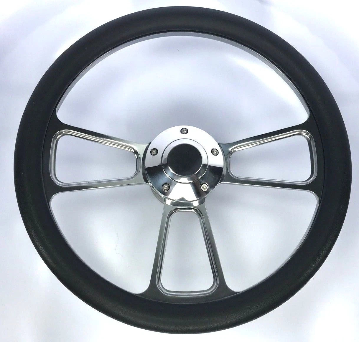 14in Polished Billet 5 Hole Steering Wheel Black Leather Horn Button for Universal