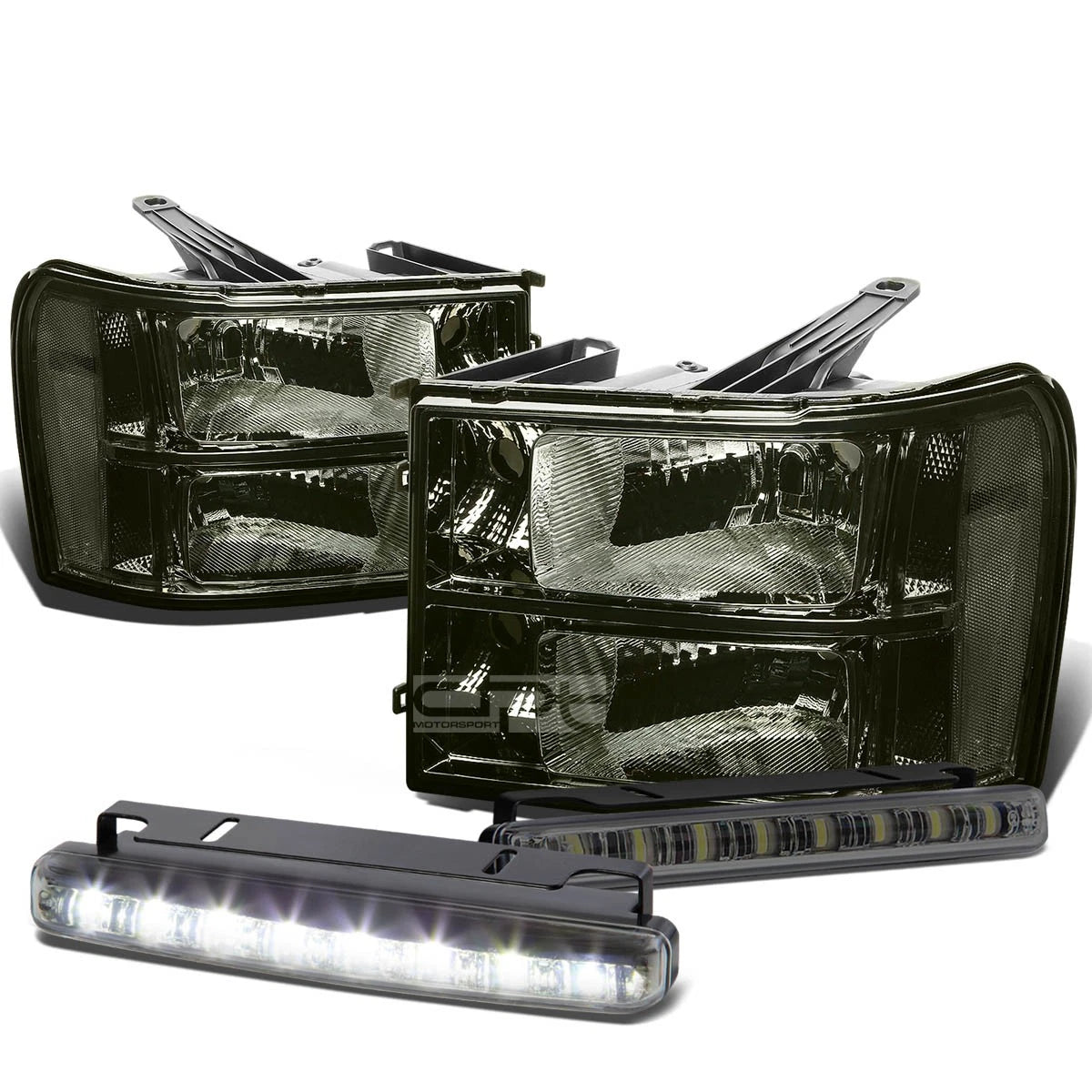 Smoked Housing Clear Corner Headlight + Bumper + LED Fog Light Kit for GMC Sierra (2007–2014)
