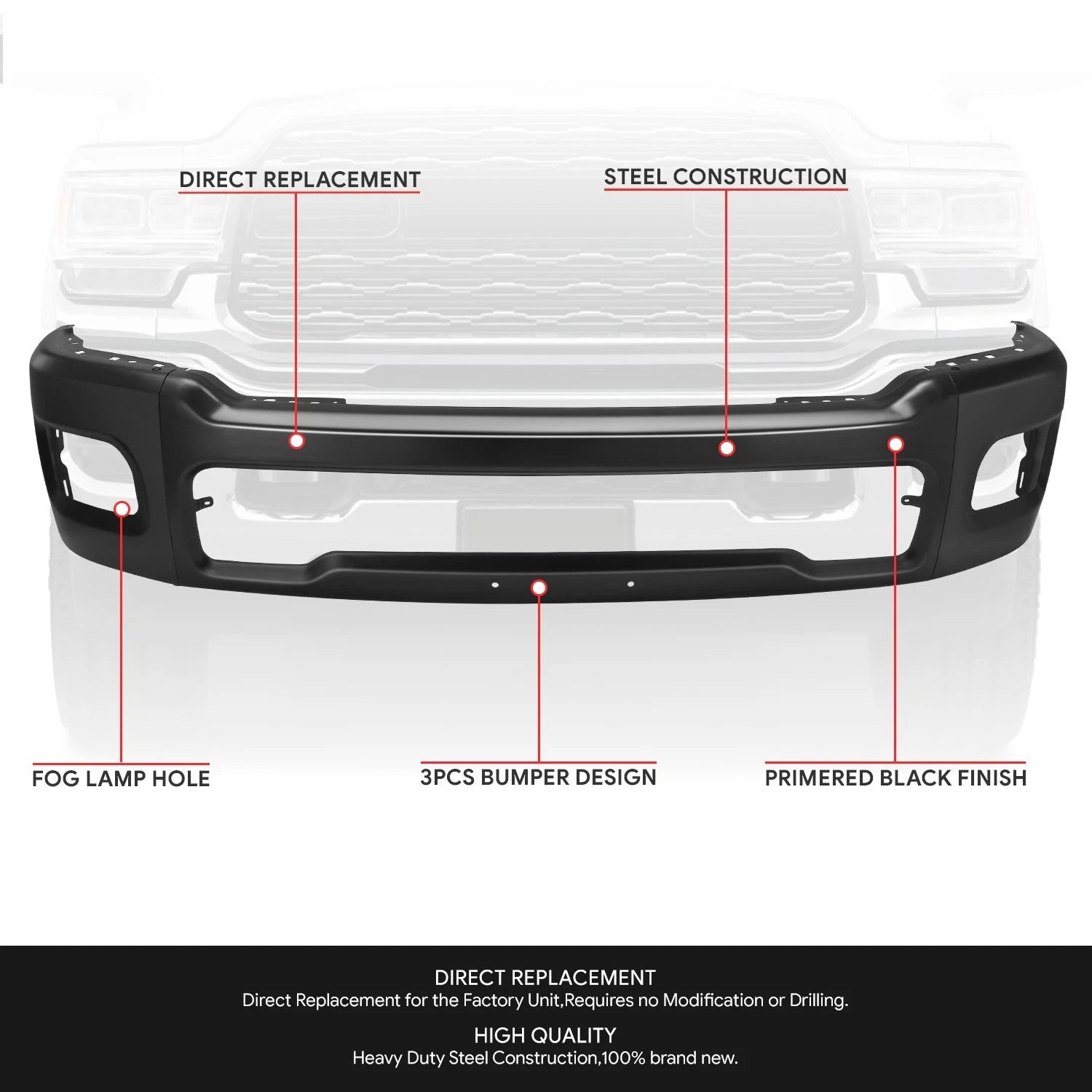 Front Bumper Face Bar for Ram 2500 3500 (2019–2026) Black w/o Sensor Holes