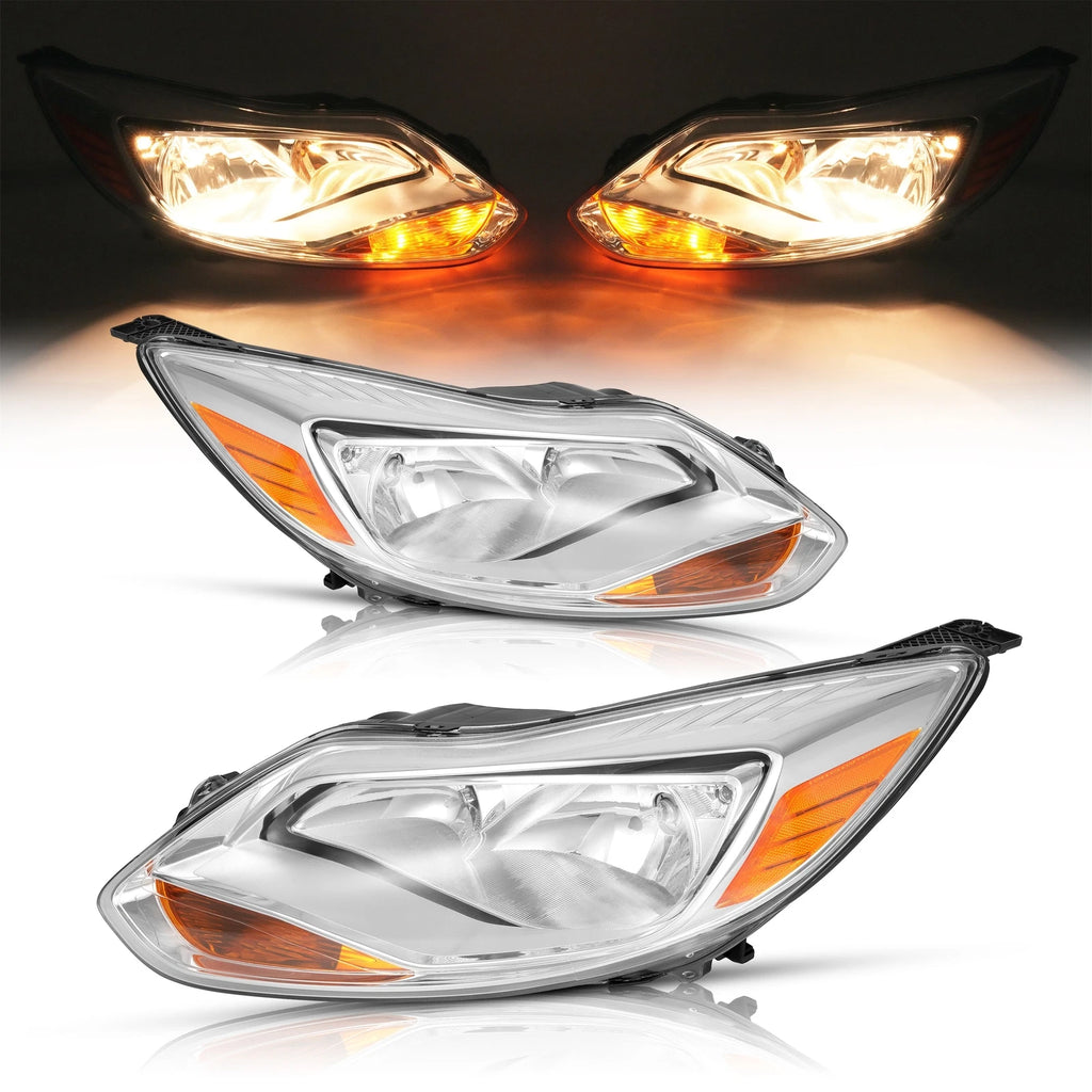 Set of 2 Clear Headlight Assembly for Ford Focus (2012–2014) L+R w/Bulb Halogen