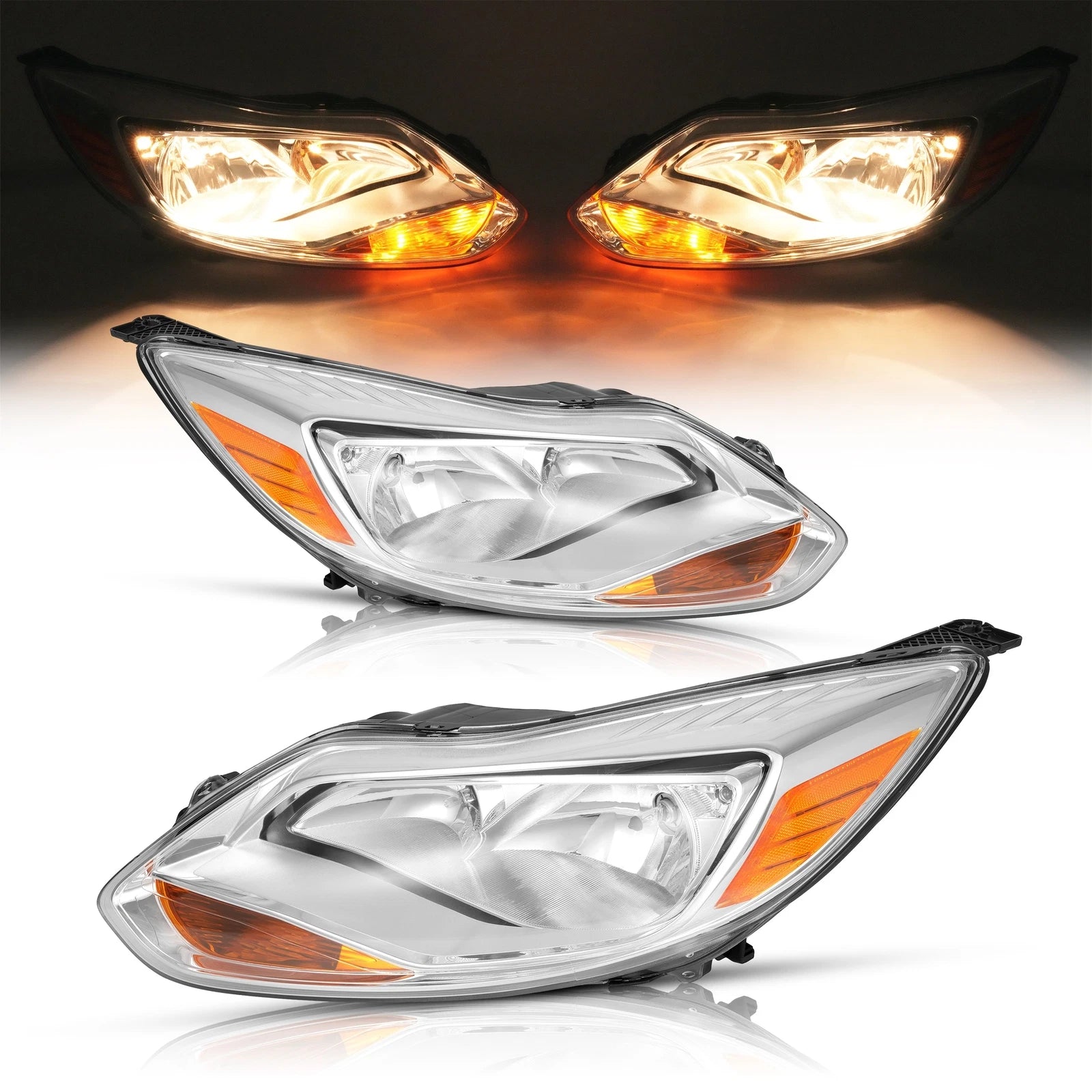 Set of 2 Clear Headlight Assembly for Ford Focus (2012–2014) L+R w/Bulb Halogen