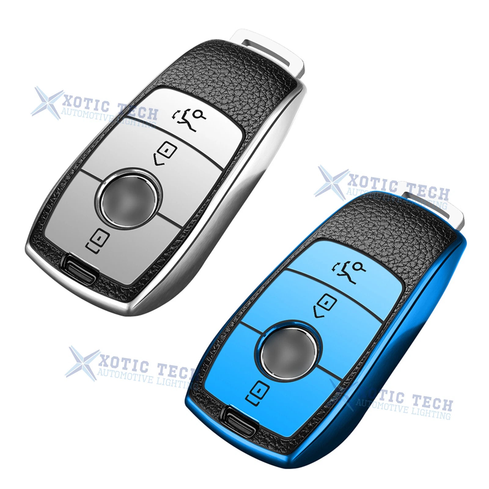 2Pcs Silver Blue TPU Smart Control Key Covers for Mercedes E S-Class (2010–2024)