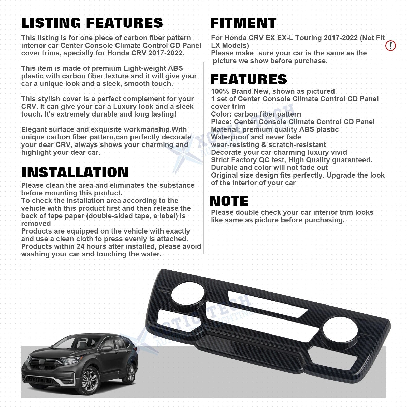Carbon Fiber Look Console AC Climate Control Panel Cover for Honda CR-V (2017-2022)