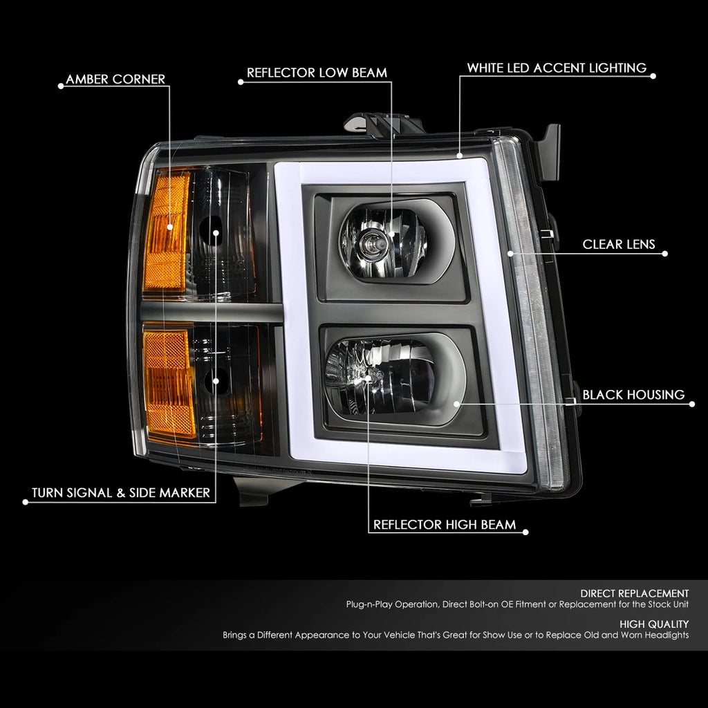 Black/Amber Headlight Headlamp with LED Bar for Silverado 1500 2500HD 3500 (2007–2014)