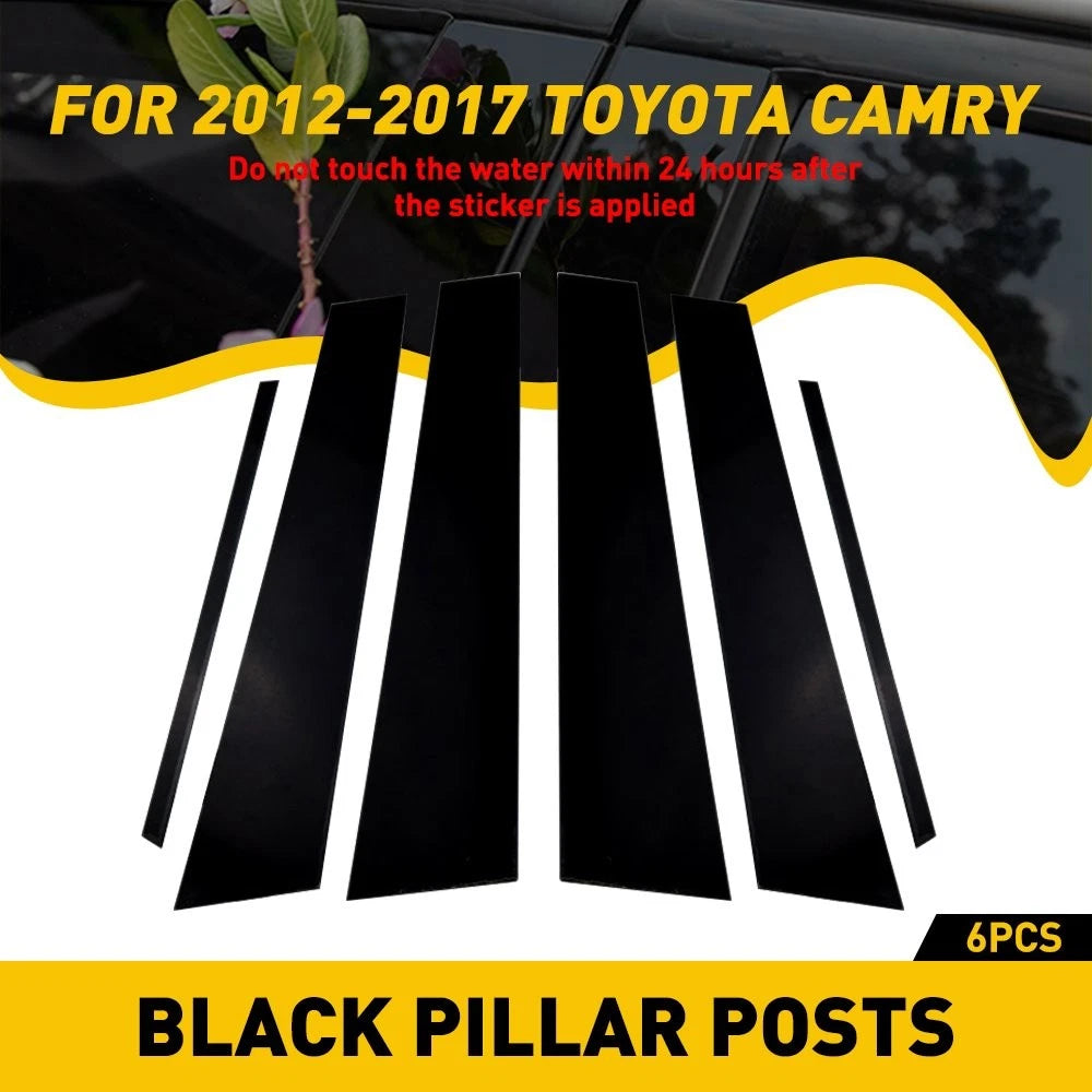 6X Piano Gloss Black Pillar Trim Cover for Toyota Camry (2012–2017)