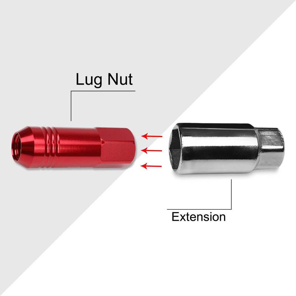 Set of 20 M12X1.5 Red JDM Open End Conical Wheel Lug Nuts + 20mm Extension