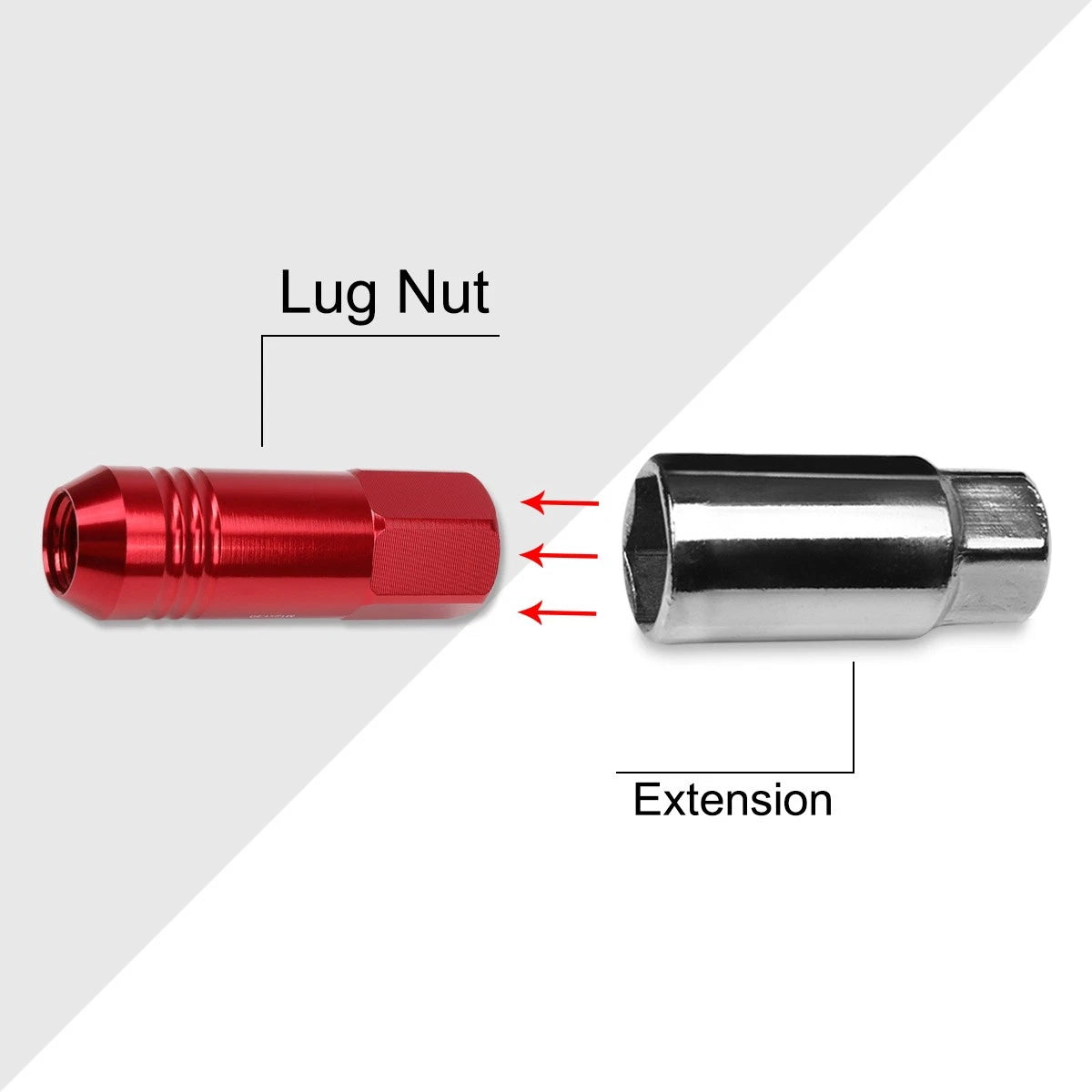Set of 20 M12X1.5 Red JDM Open End Conical Wheel Lug Nuts + 20mm Extension