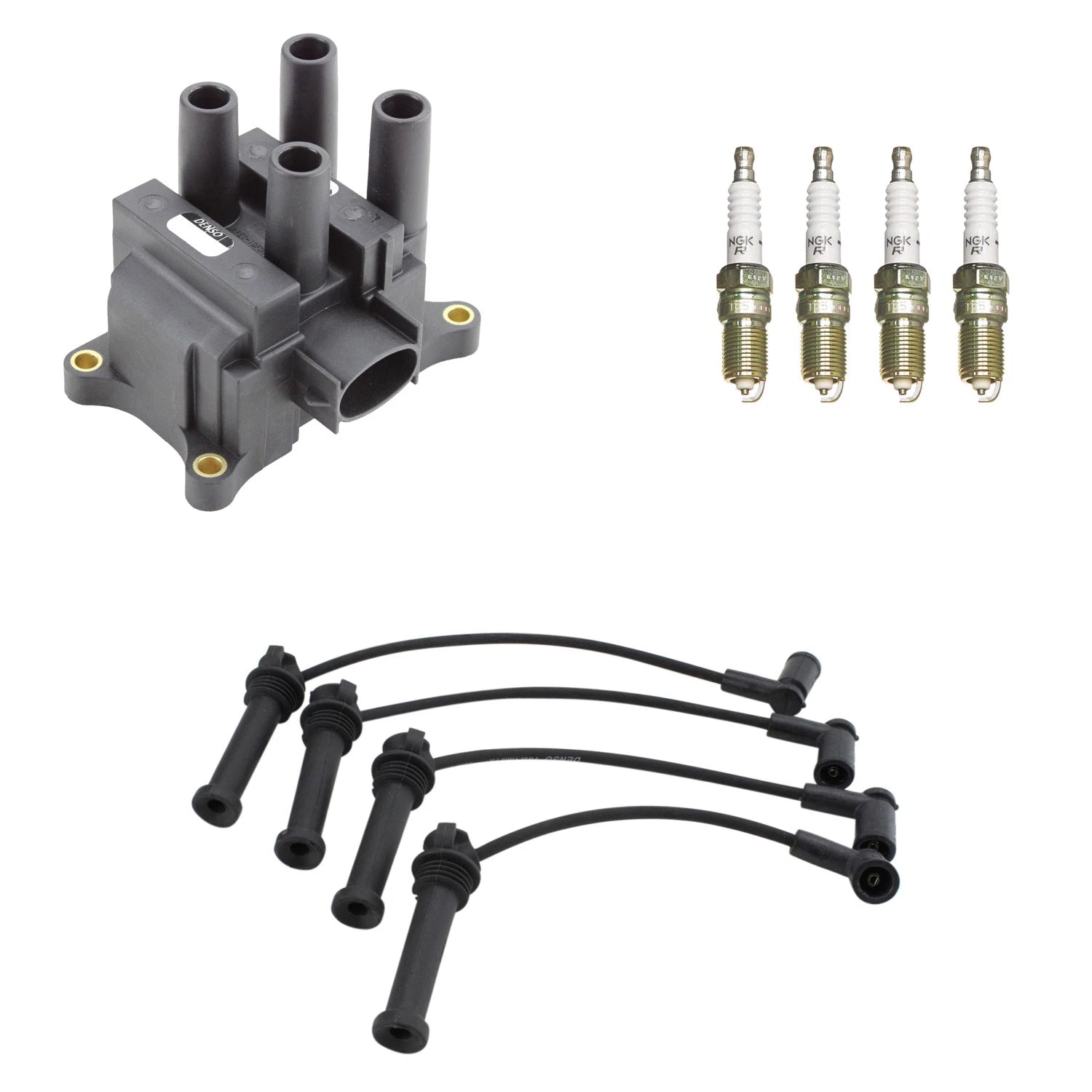Set of 4 Denso Ignition Coil Wires & NGK Spark Plugs for Mazda B2300 (1994–2000)