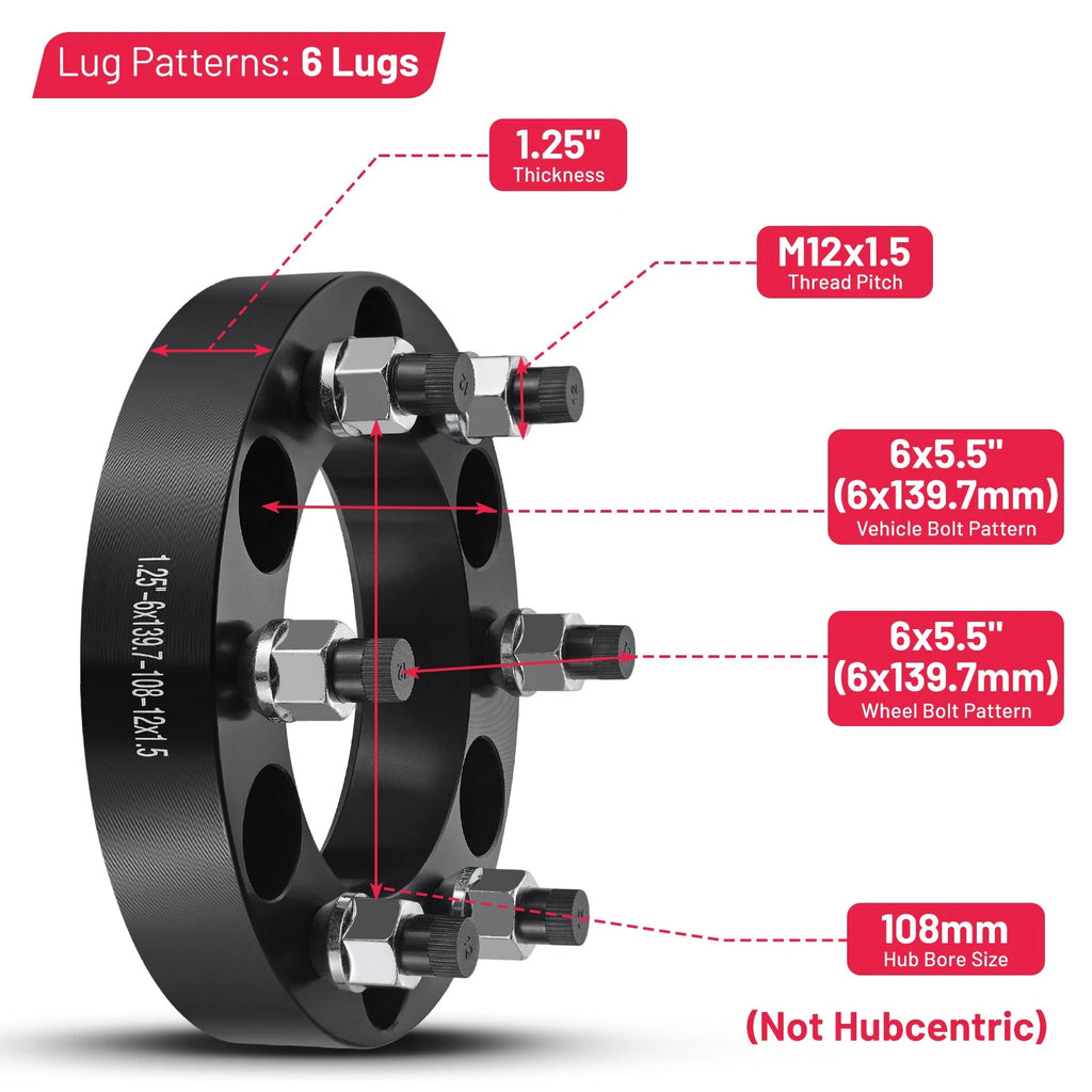 Wheel Spacers 1.25 in 6x5.5 for 1979–1982 Dodge D50 (M12x1.5)