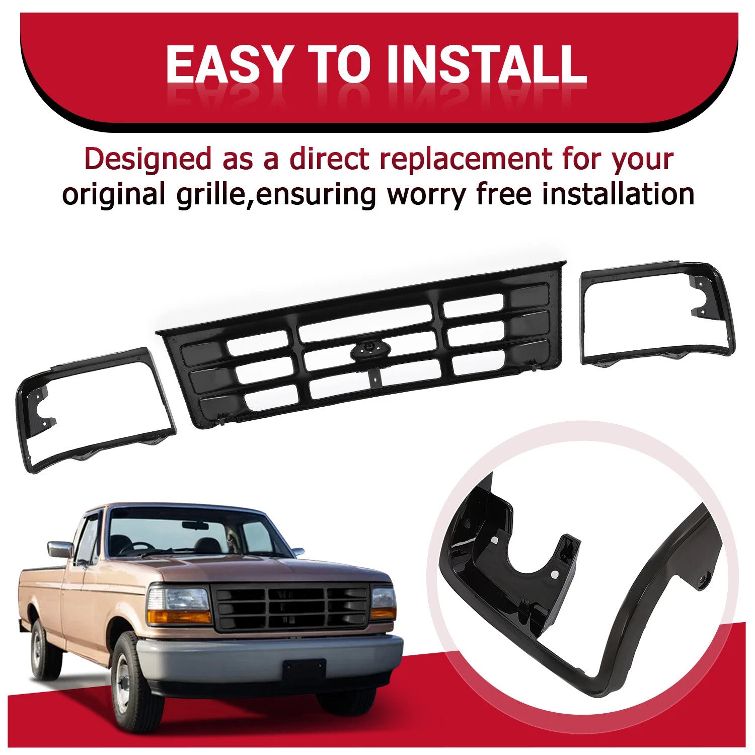 Grille Headlight Door for Ford F150 F250 Bronco (1992–1997) Black