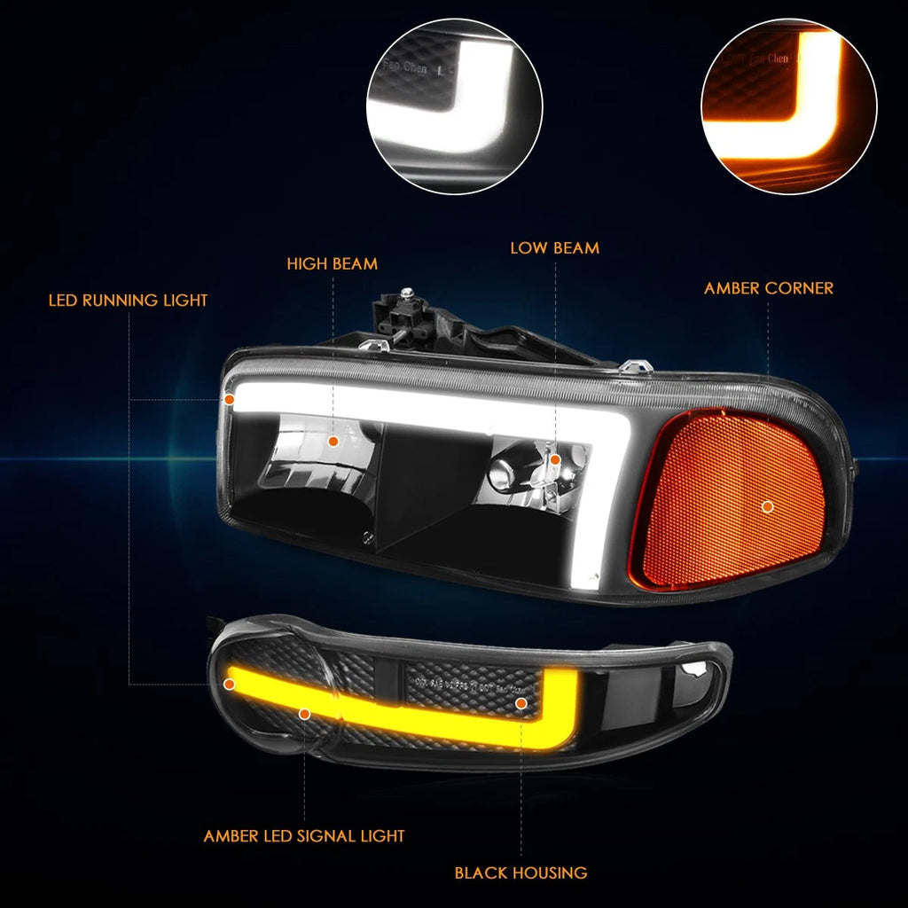 Set of 4 LED DRL Headlights for Sierra Yukon 1500 Denali (2002–2006)