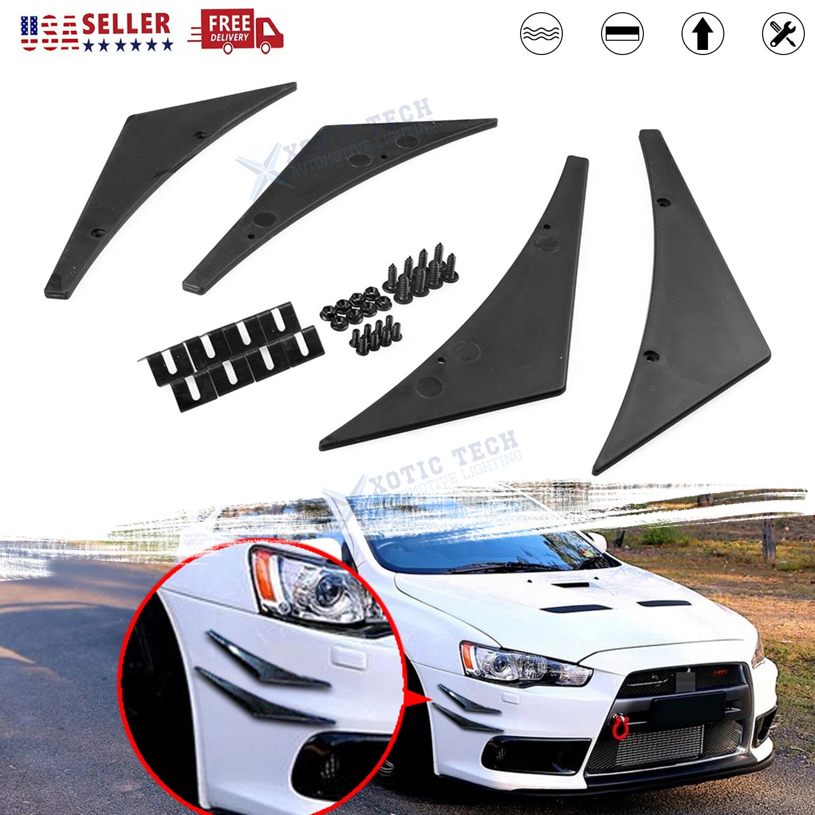 4Pcs Black Front Bumper Lip Diffuser Canards Splitter for Universal Fit Car Truck (2010–2025)