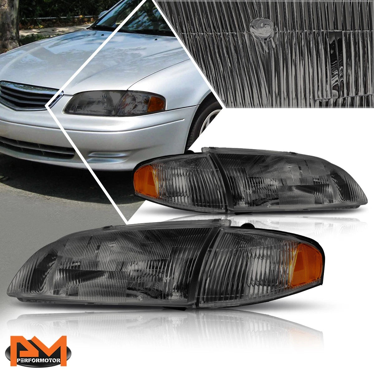 Direct Replacement Headlight for Mazda 626 (1998–1999) Smoked Housing Amber Side