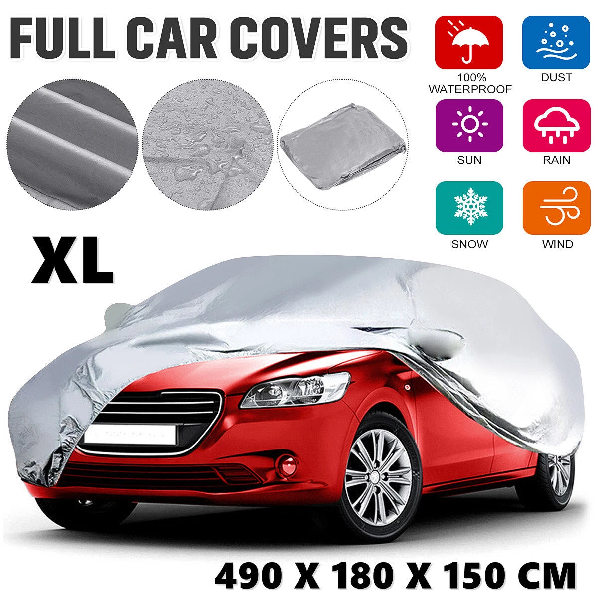 Silver Gray Full Car Cover for Outdoor Protection Waterproof XL (Universal)