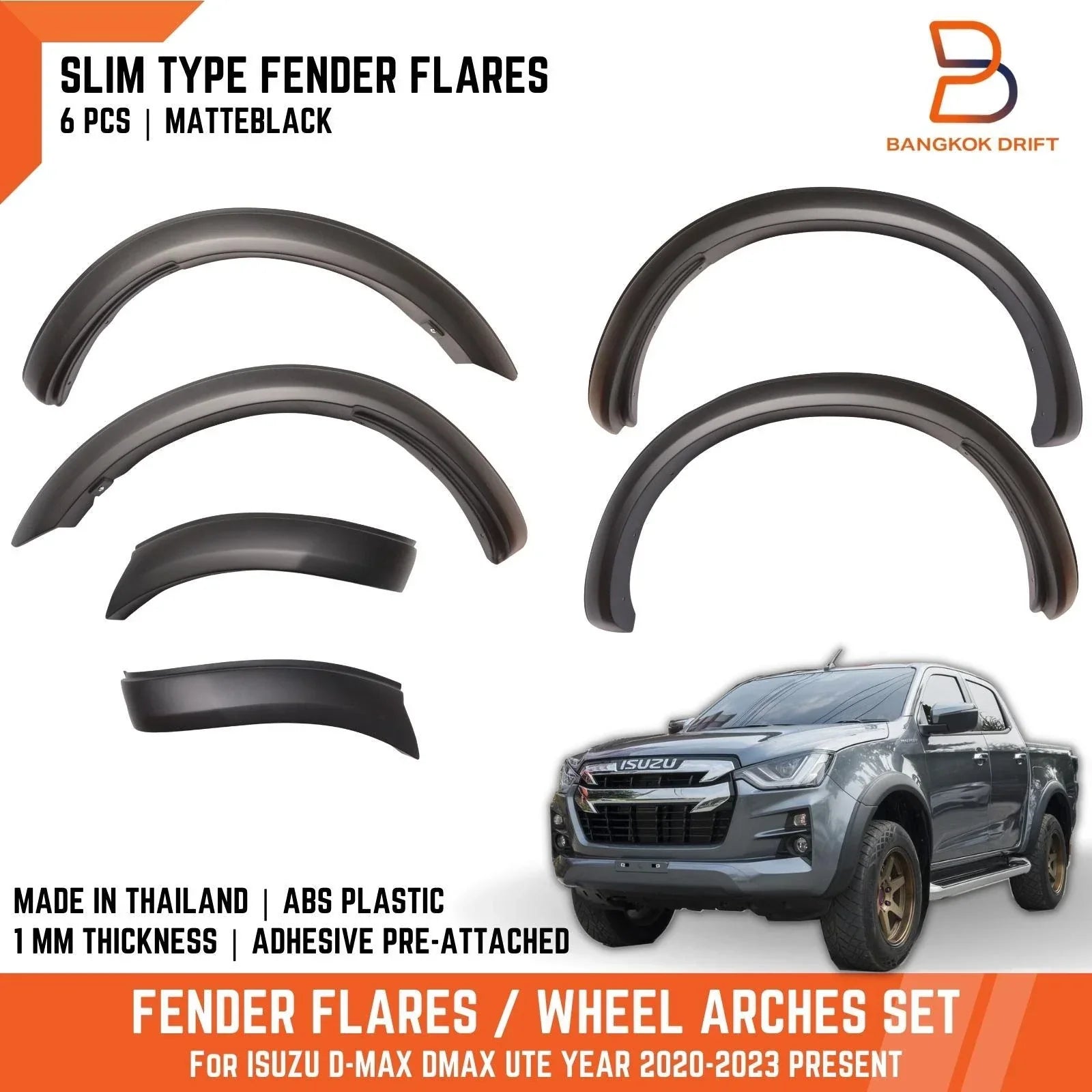 3" Slim Matte Black Fender Flares for Isuzu D-Max (2020-2023)