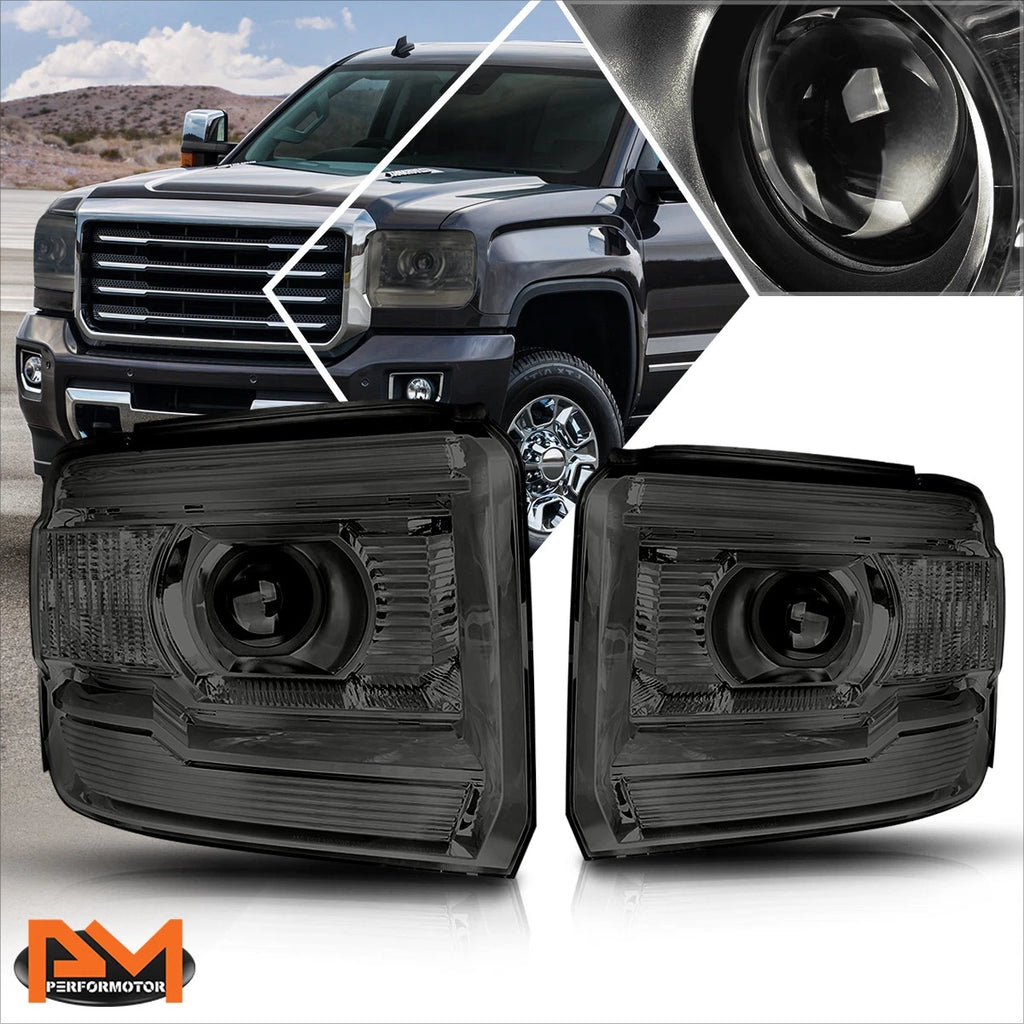 Projector Headlight Set for GMC Sierra (2014–2018) Smoked Housing, Clear Corner