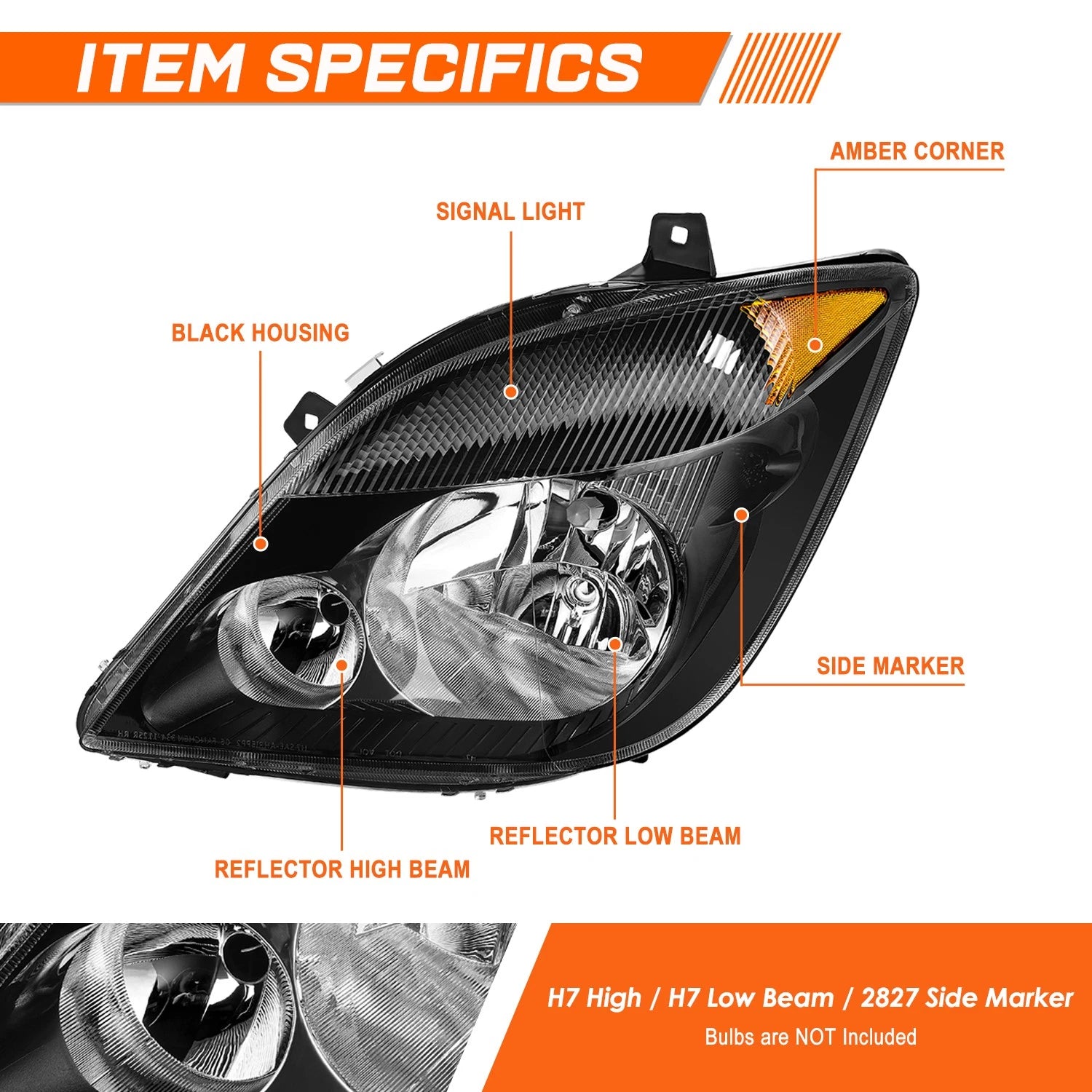 OE Style Black/Amber Headlights for Dodge/Mercedes/Freightliner Sprinter (2007–2013)