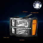 LED DRL Strip Headlight for GMC Sierra (2007–2014) Black Housing Amber Corner