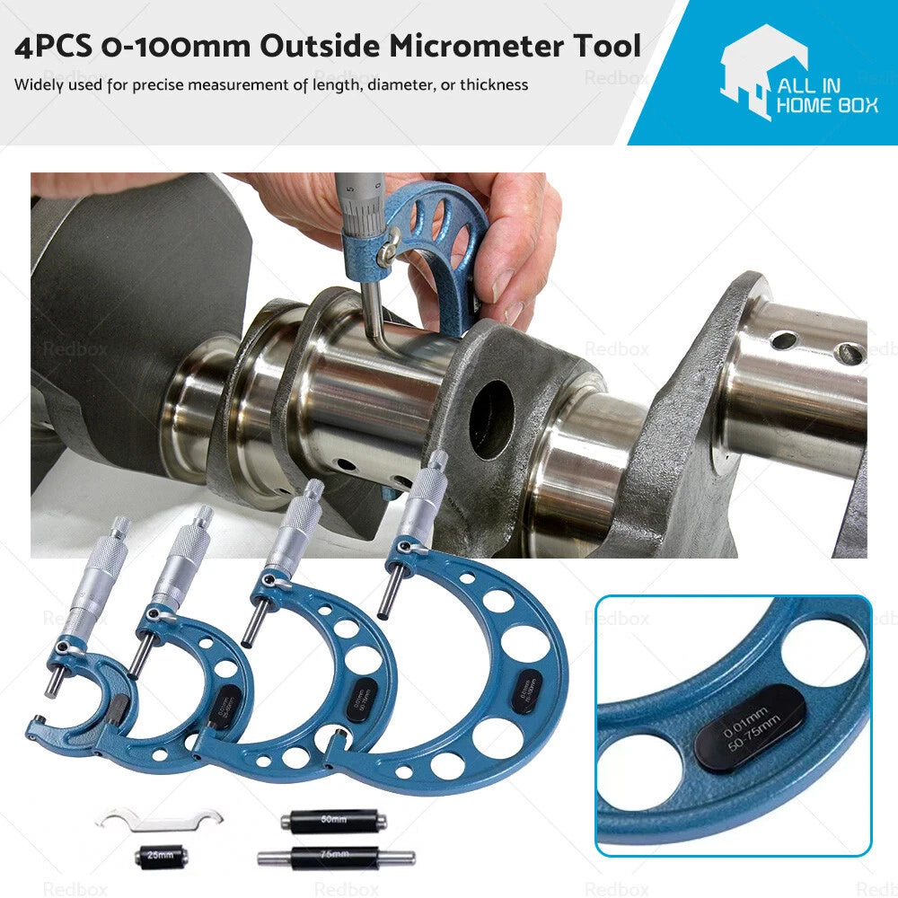 Set of 4 Outside Micrometers 0-100mm 0.01mm for Machinist Tool