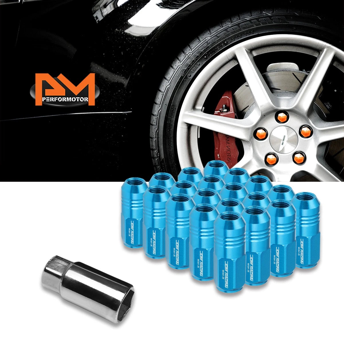 20Pc M12X1.25 Sky Blue JDM Closed End Cone Wheel Lug Nuts + Extension 20mm