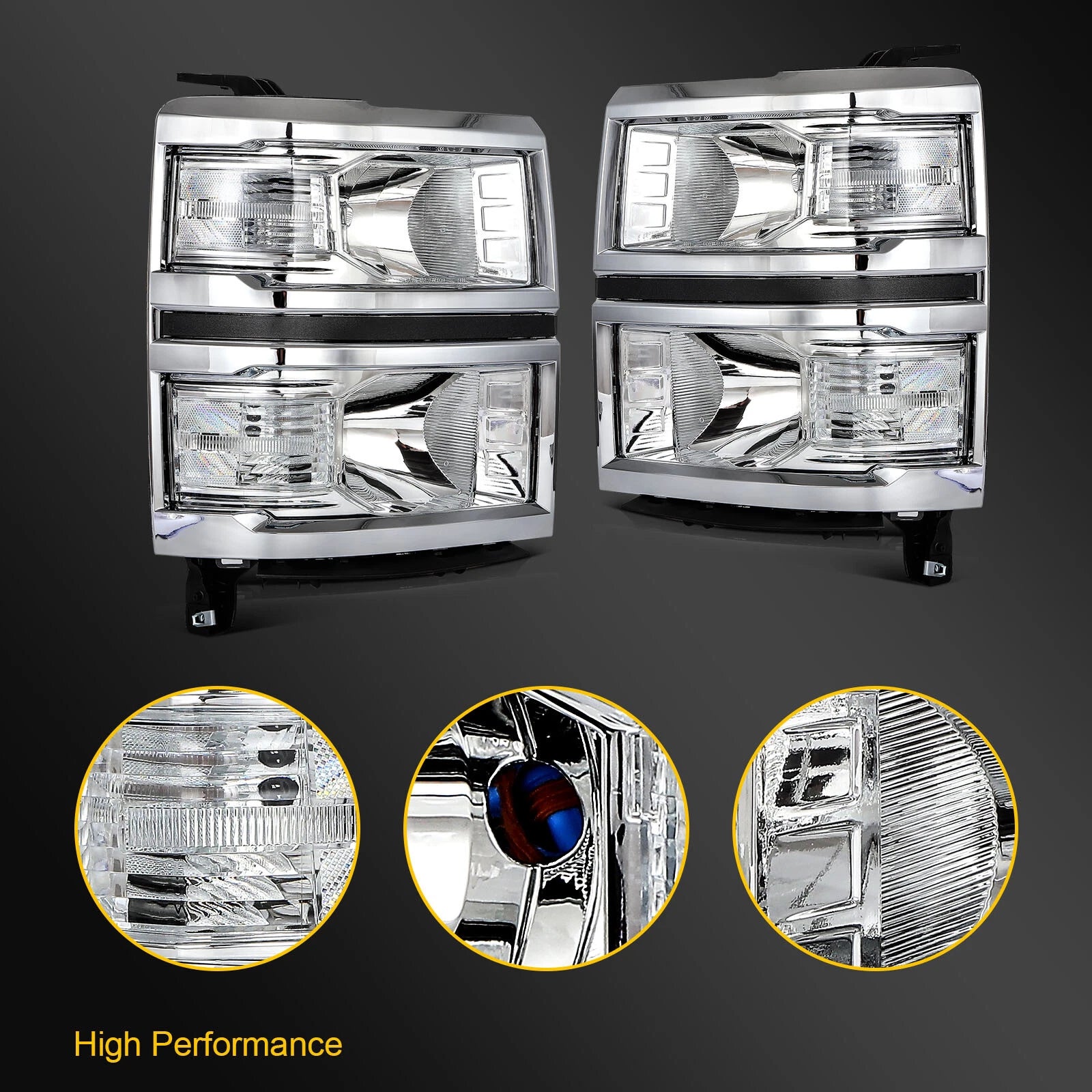 Set of 2 Headlight Assemblies for Chevy Silverado 1500 (2014–2015) Chrome