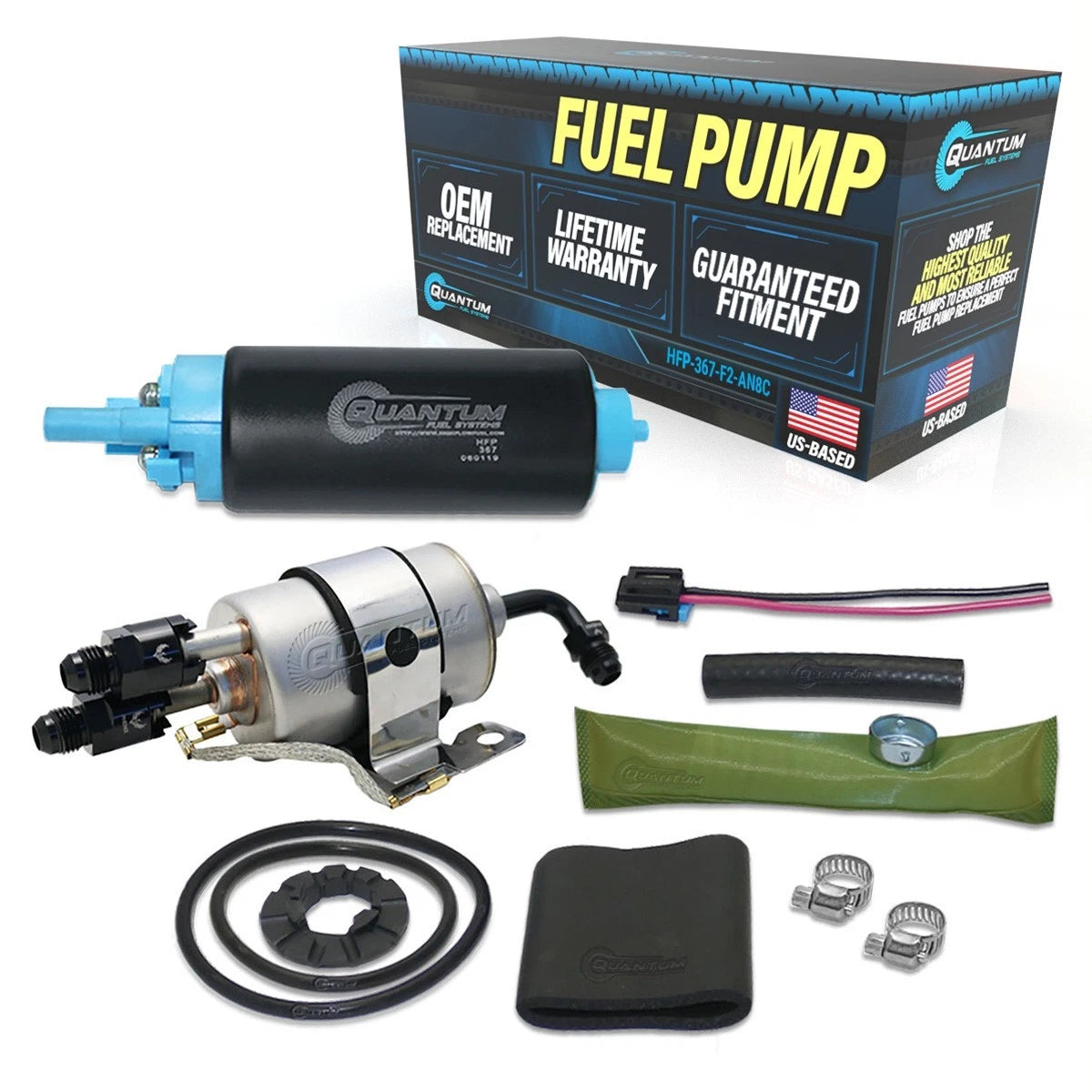 QFS Intank Fuel Pump + Fuel Filter for GM (1982–1995) EP381 8AN Fittings