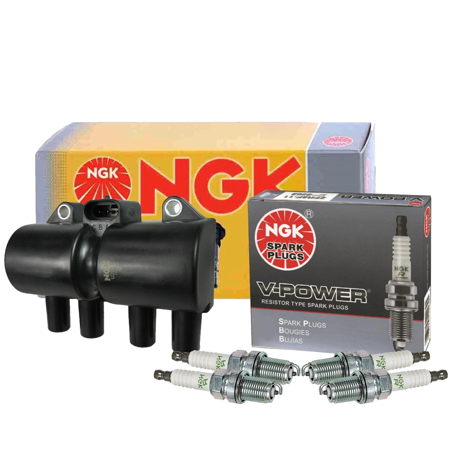 NGK DIS Ignition Coil & 4 V-Power Spark Plugs for Chevy Aveo/Aveo5 (2004–2011)